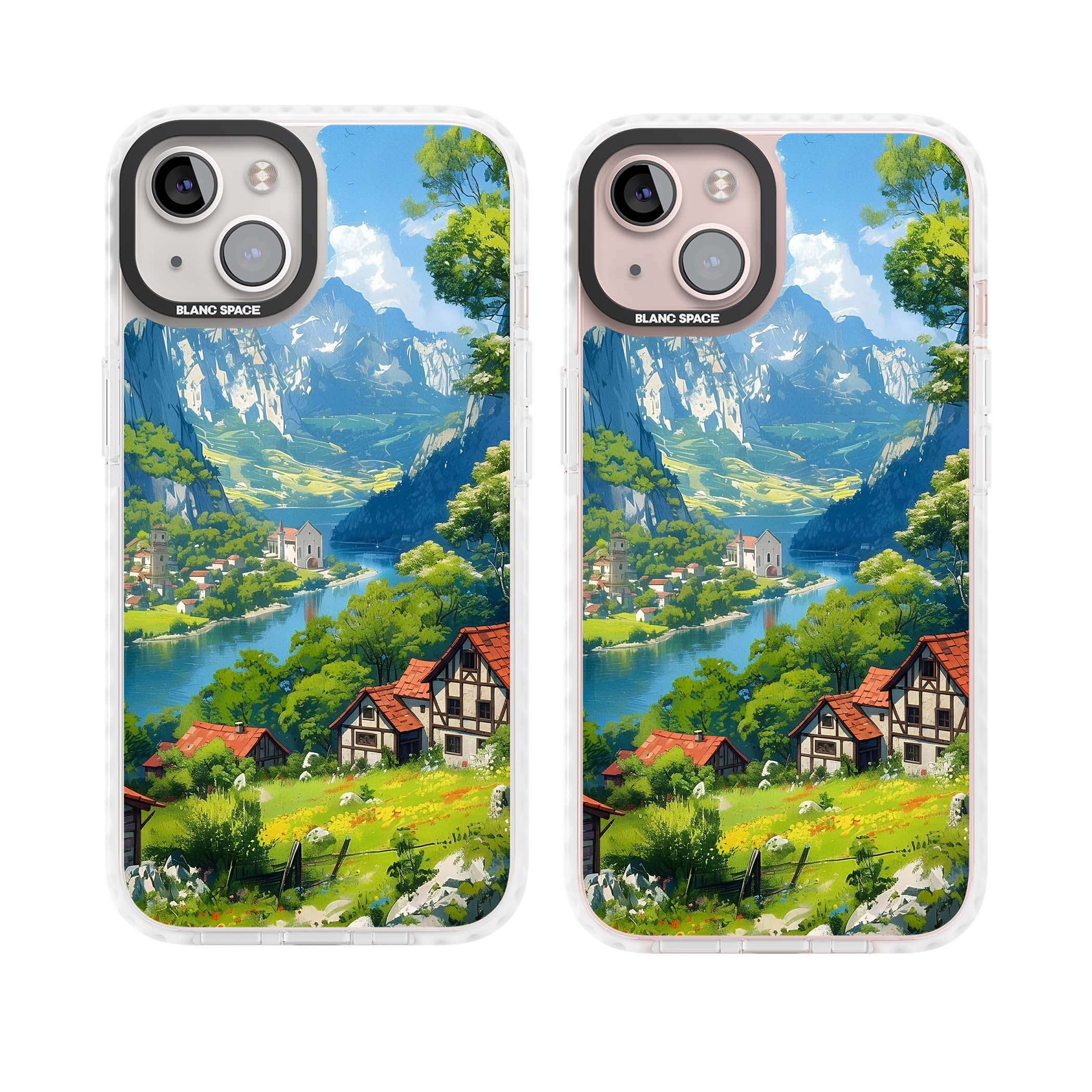 Village In The Valley anime iPhone case featuring a painted mountain village, river valley and half-timbered cottages. | Impact Magsafe case for iPhone 13, iPhone 14, iPhone 15