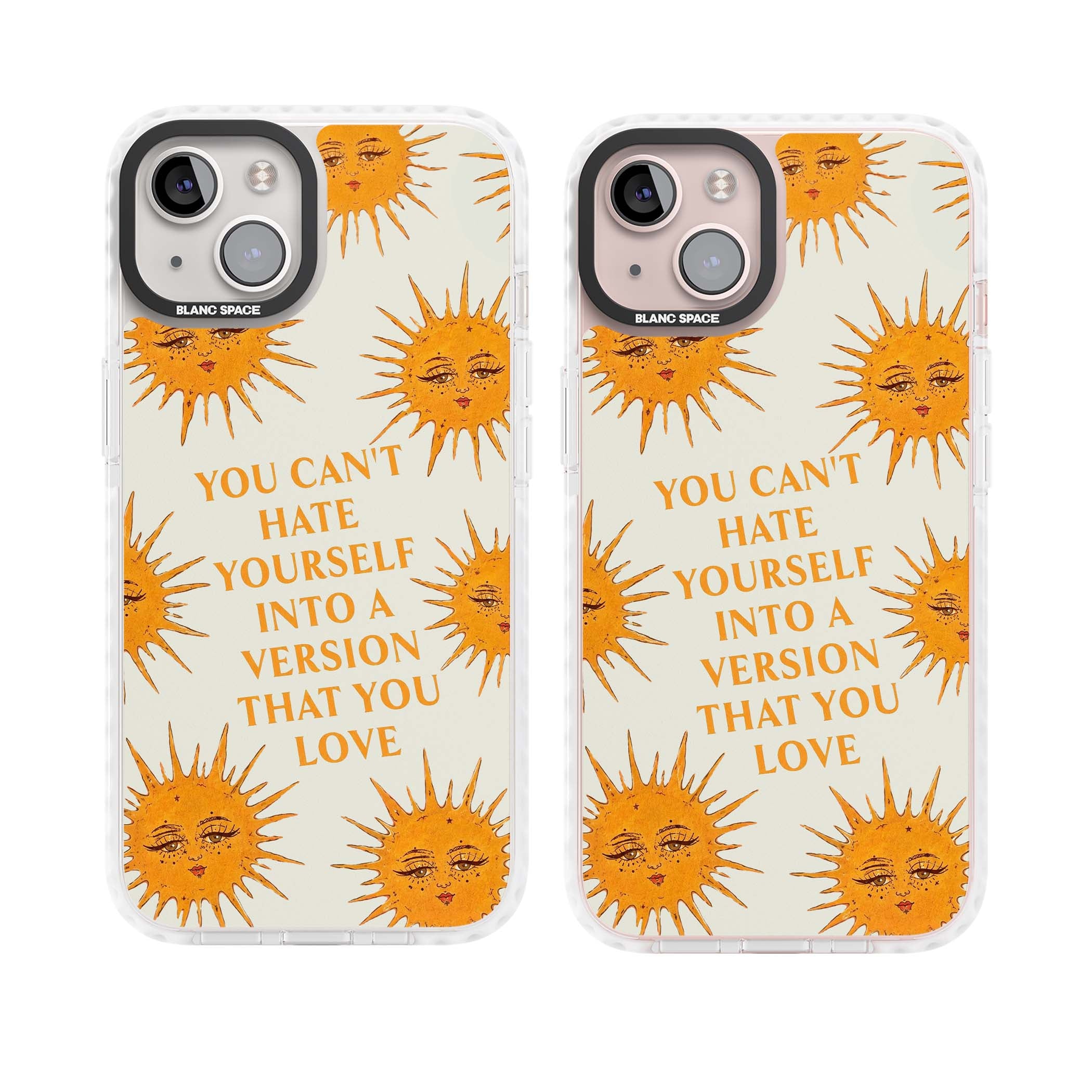 Don't Hate Yourself celestial iPhone case featuring vintage sun faces, ochre rays and a self-love quote | Impact Magsafe case for iPhone 13, iPhone 14, iPhone 15