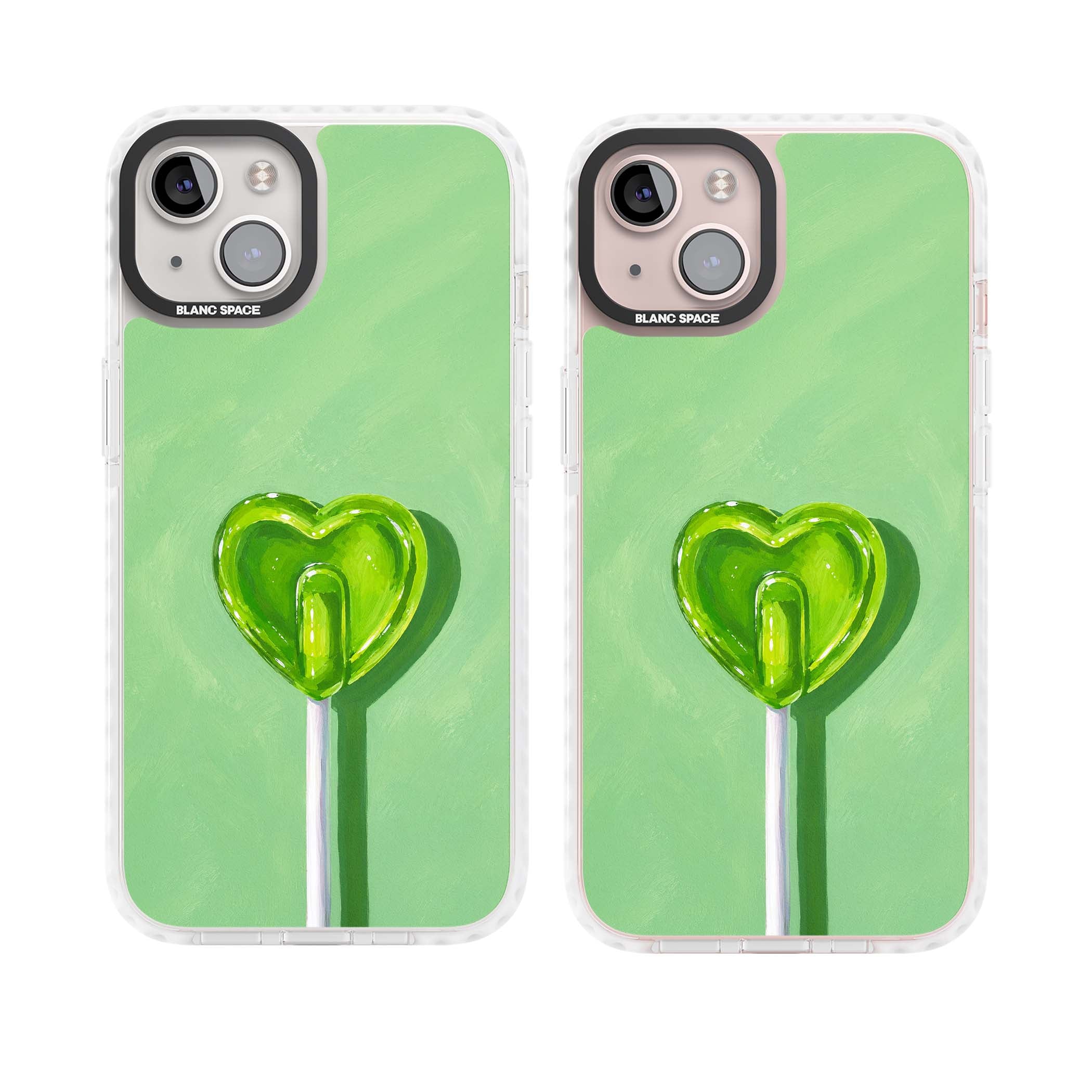 Green Lollipop candy art iPhone case featuring a glossy green heart-shaped lollipop on a painted pastel green background | Impact Magsafe case for iPhone 13, iPhone 14, iPhone 15