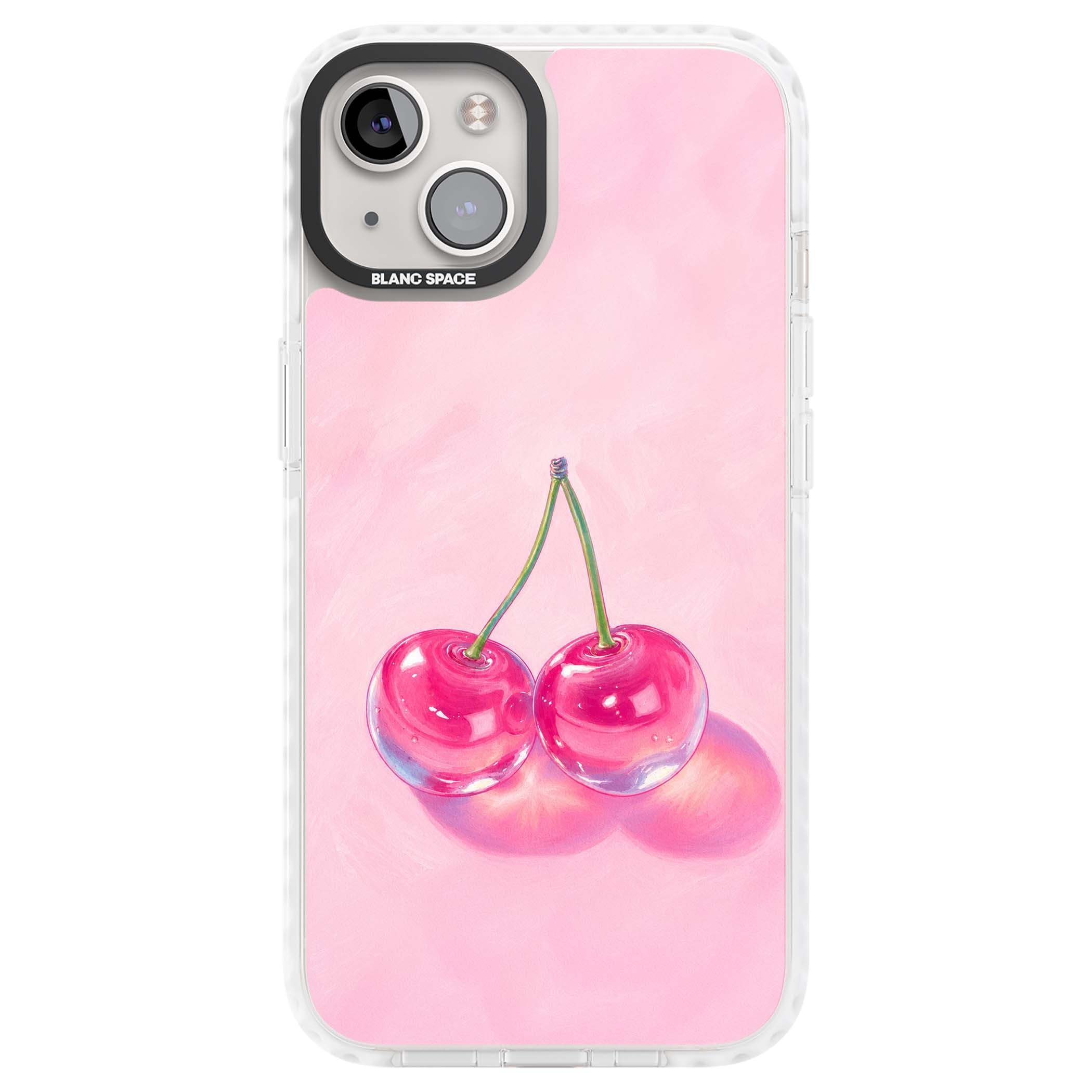 Pink Glass Cherry coquette iPhone case featuring two glossy painted cherries on a soft pink background | Impact Magsafe case for iPhone 13, iPhone 14, iPhone 15