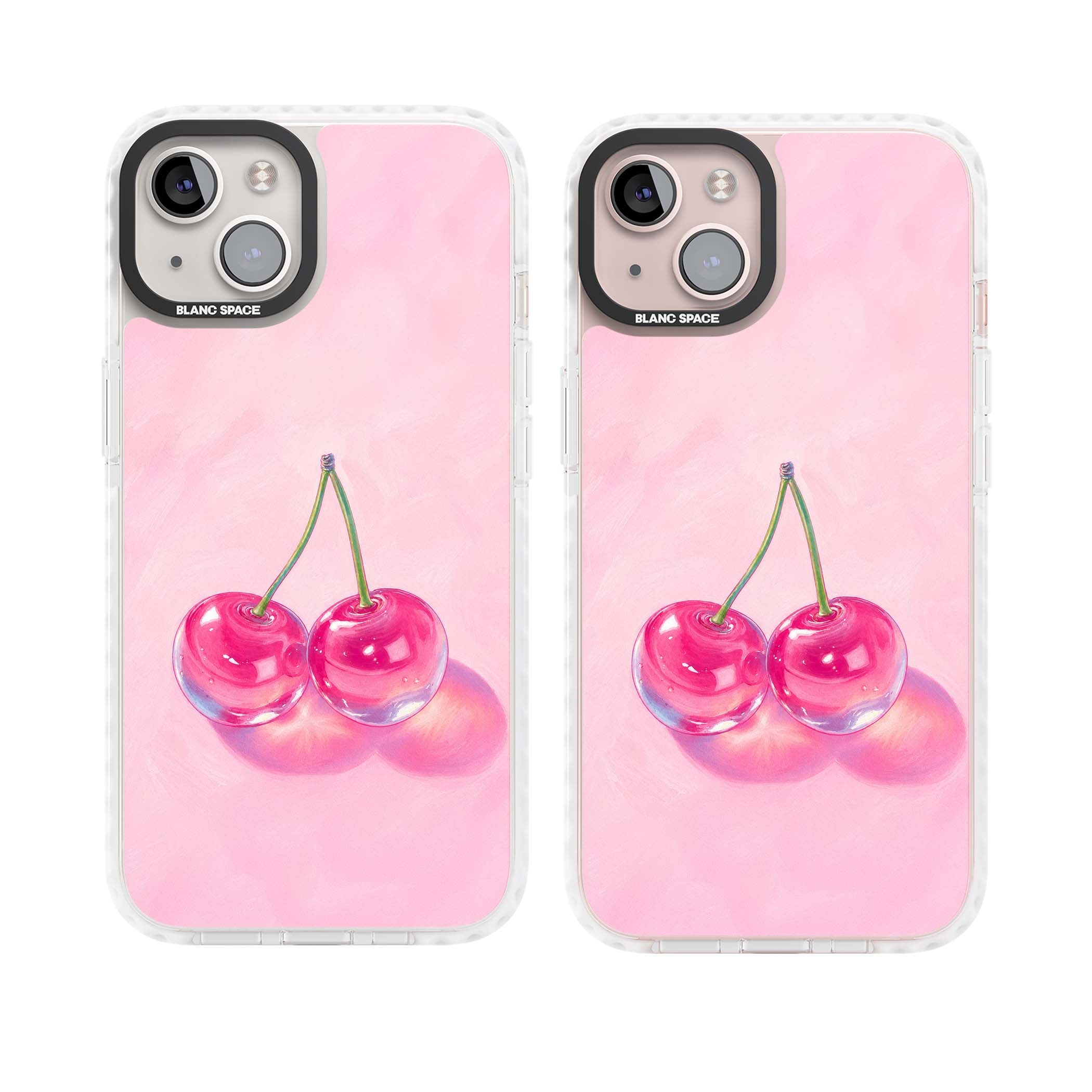 Pink Glass Cherry coquette iPhone case featuring two glossy painted cherries on a soft pink background | Impact Magsafe case for iPhone 13, iPhone 14, iPhone 15