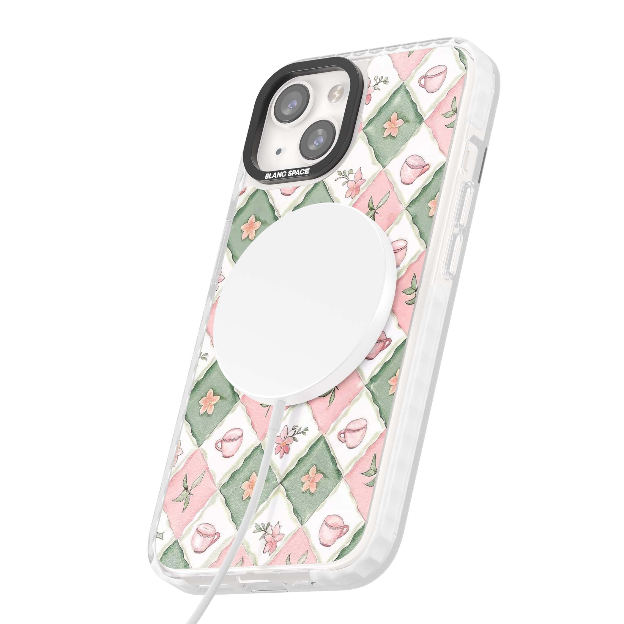 Garden Tea Party coquette iPhone case with pink and green checkered pattern, watercolour teacups and wildflowers | Impact Magsafe case for iPhone 13, iPhone 14, iPhone 15
