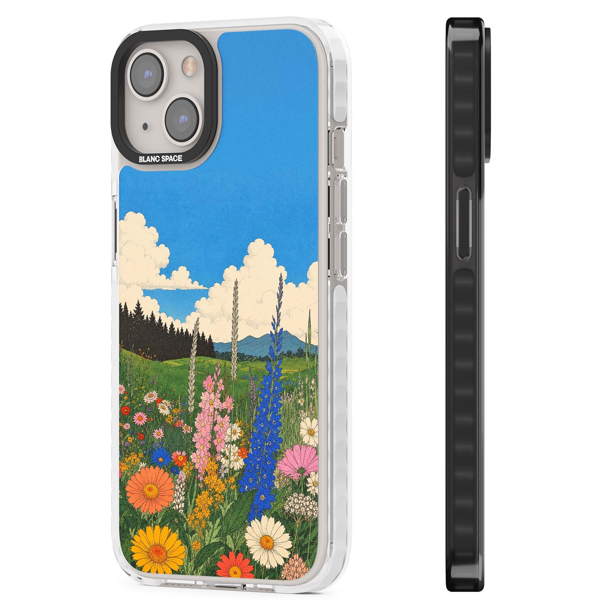 Wildbloom wildflower iPhone case featuring a vintage Japanese-style meadow landscape with daisies, delphiniums and moun | Impact Magsafe case for iPhone 13, iPhone 14, iPhone 15