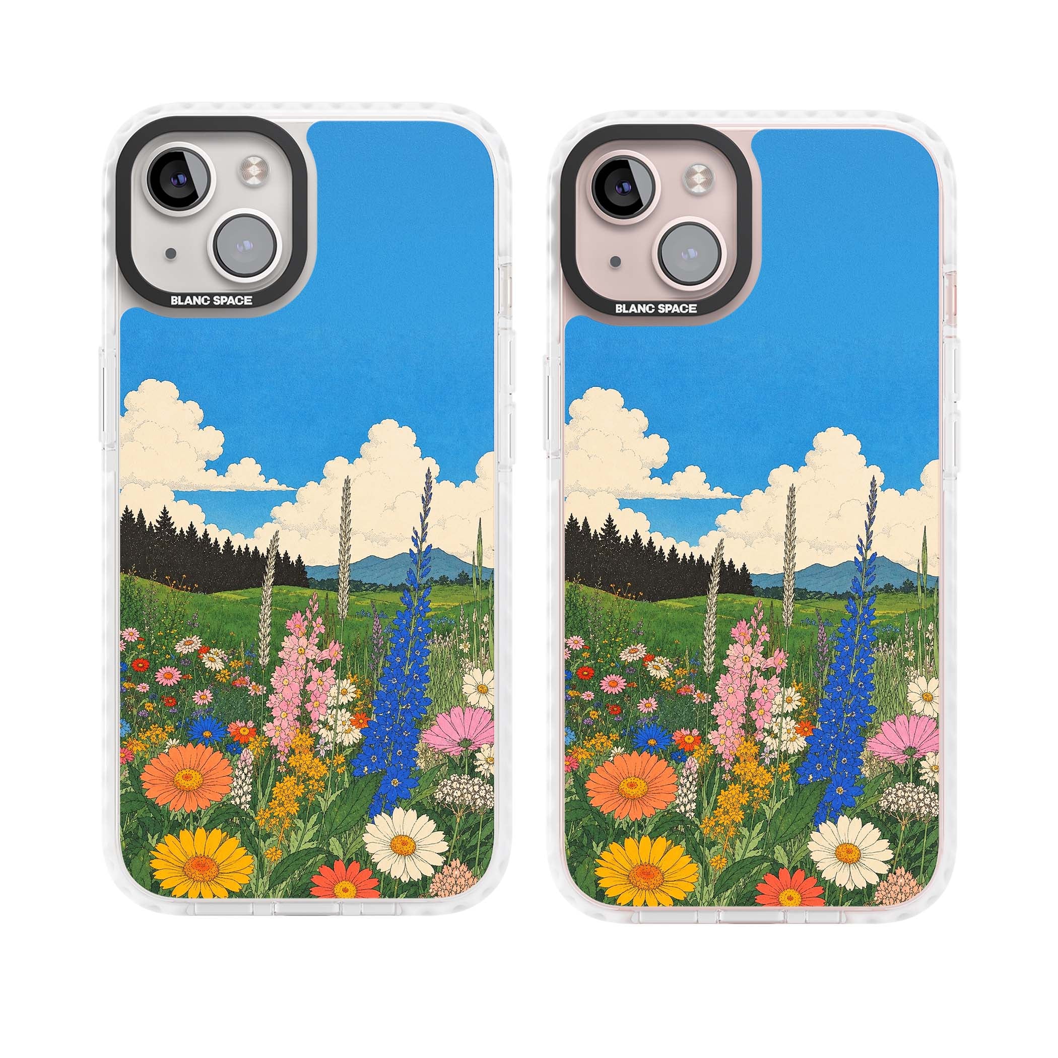 Wildbloom wildflower iPhone case featuring a vintage Japanese-style meadow landscape with daisies, delphiniums and moun | Impact Magsafe case for iPhone 13, iPhone 14, iPhone 15