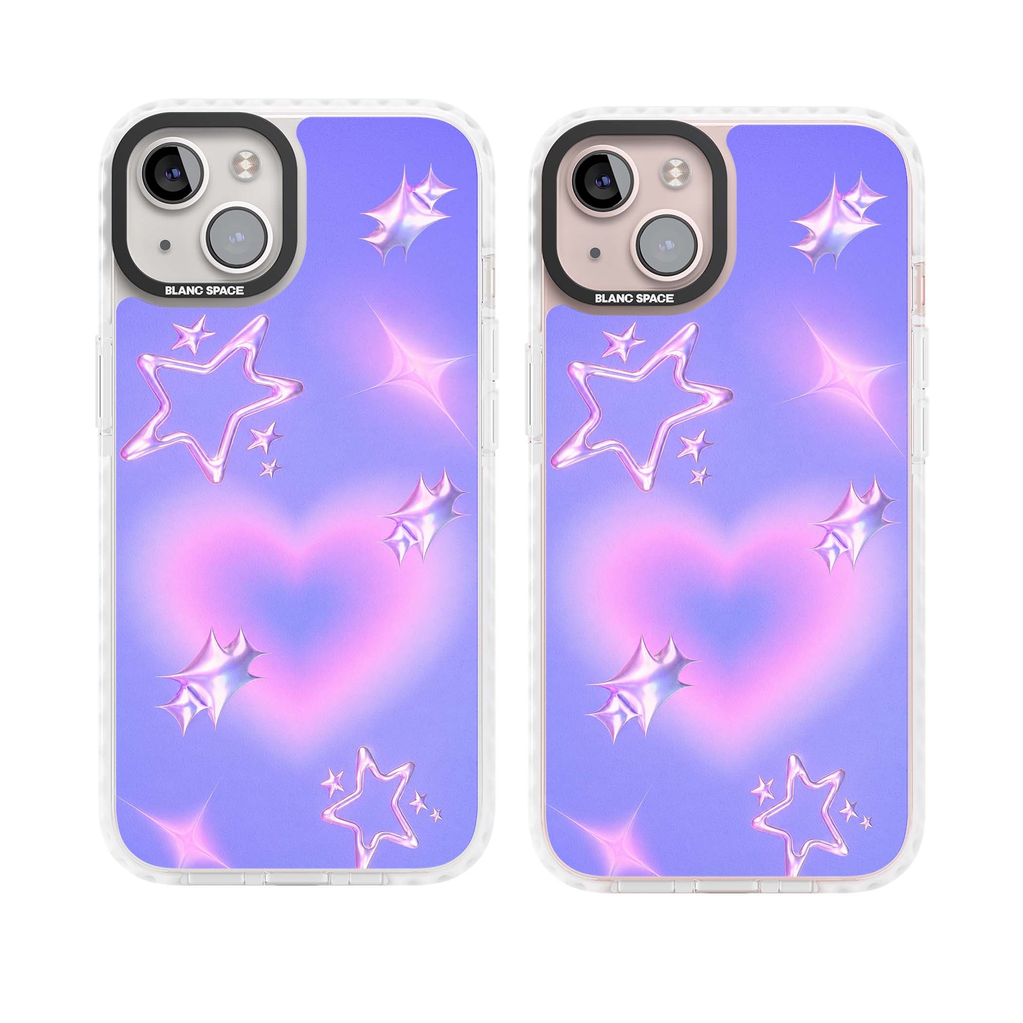 Soft Sugar Y2K iPhone case featuring iridescent chrome hearts, metallic pink stars and a lavender gradient sky | Impact Magsafe case for iPhone 13, iPhone 14, iPhone 15