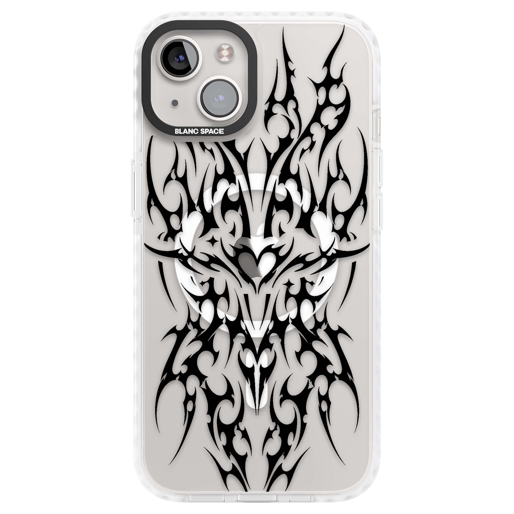 Neo Tribal Heart gothic iPhone case featuring symmetrical black tribal tattoo art with sharp thorn-like linework | Impact Magsafe case for iPhone 13, iPhone 14, iPhone 15