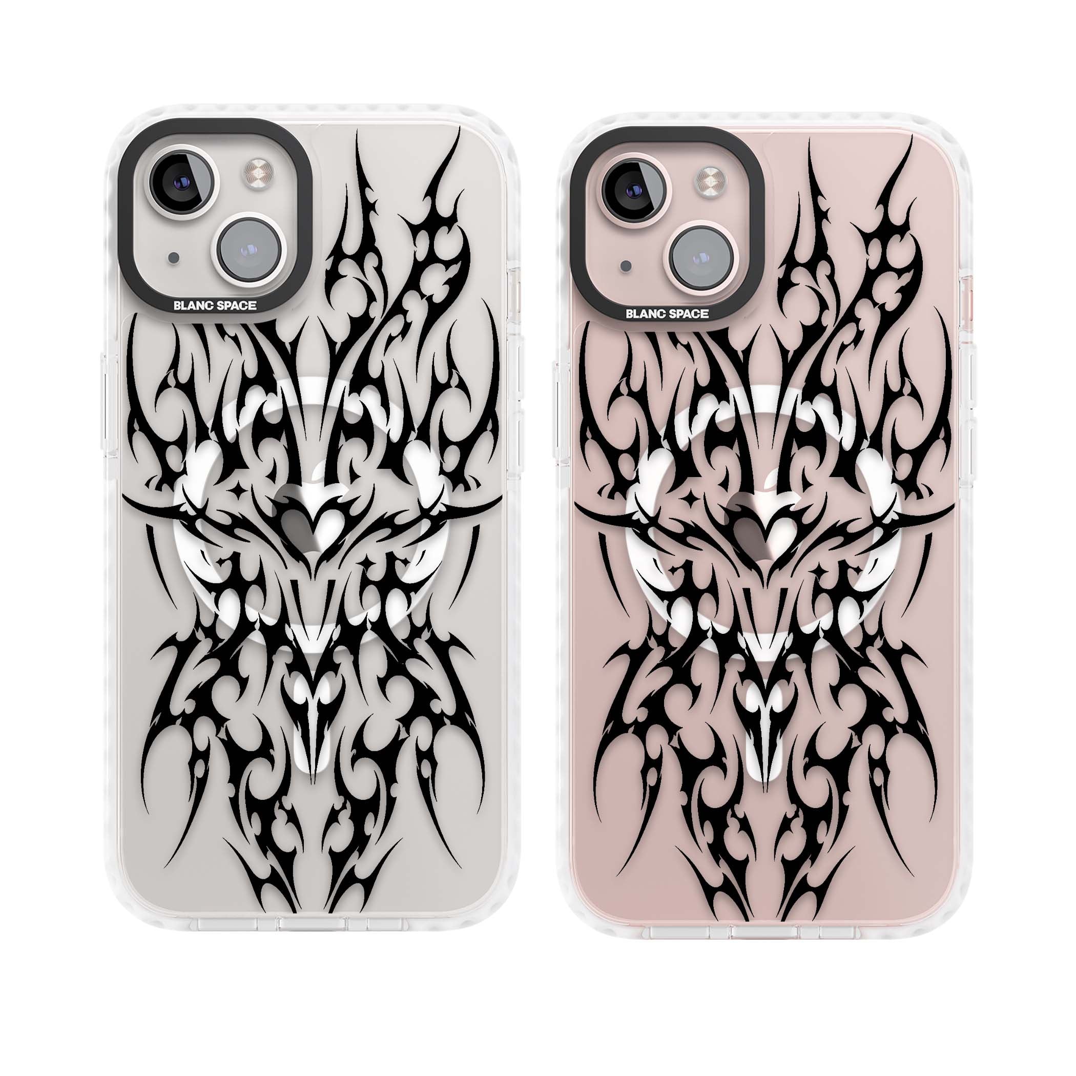Neo Tribal Heart gothic iPhone case featuring symmetrical black tribal tattoo art with sharp thorn-like linework | Impact Magsafe case for iPhone 13, iPhone 14, iPhone 15