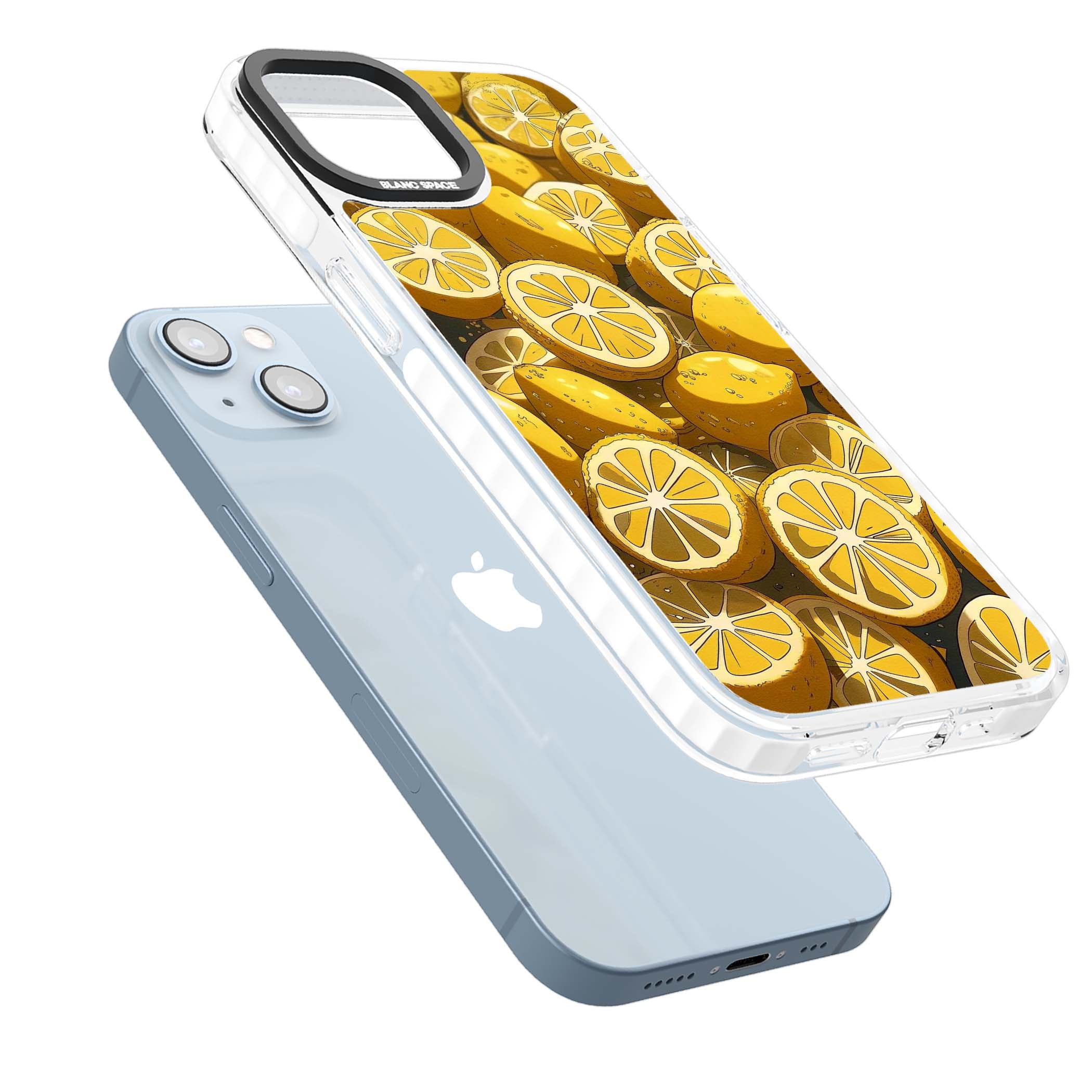Zesty coastal iPhone case featuring illustrated Mediterranean lemons and citrus slices in golden yellow | Impact Magsafe case for iPhone 13, iPhone 14, iPhone 15