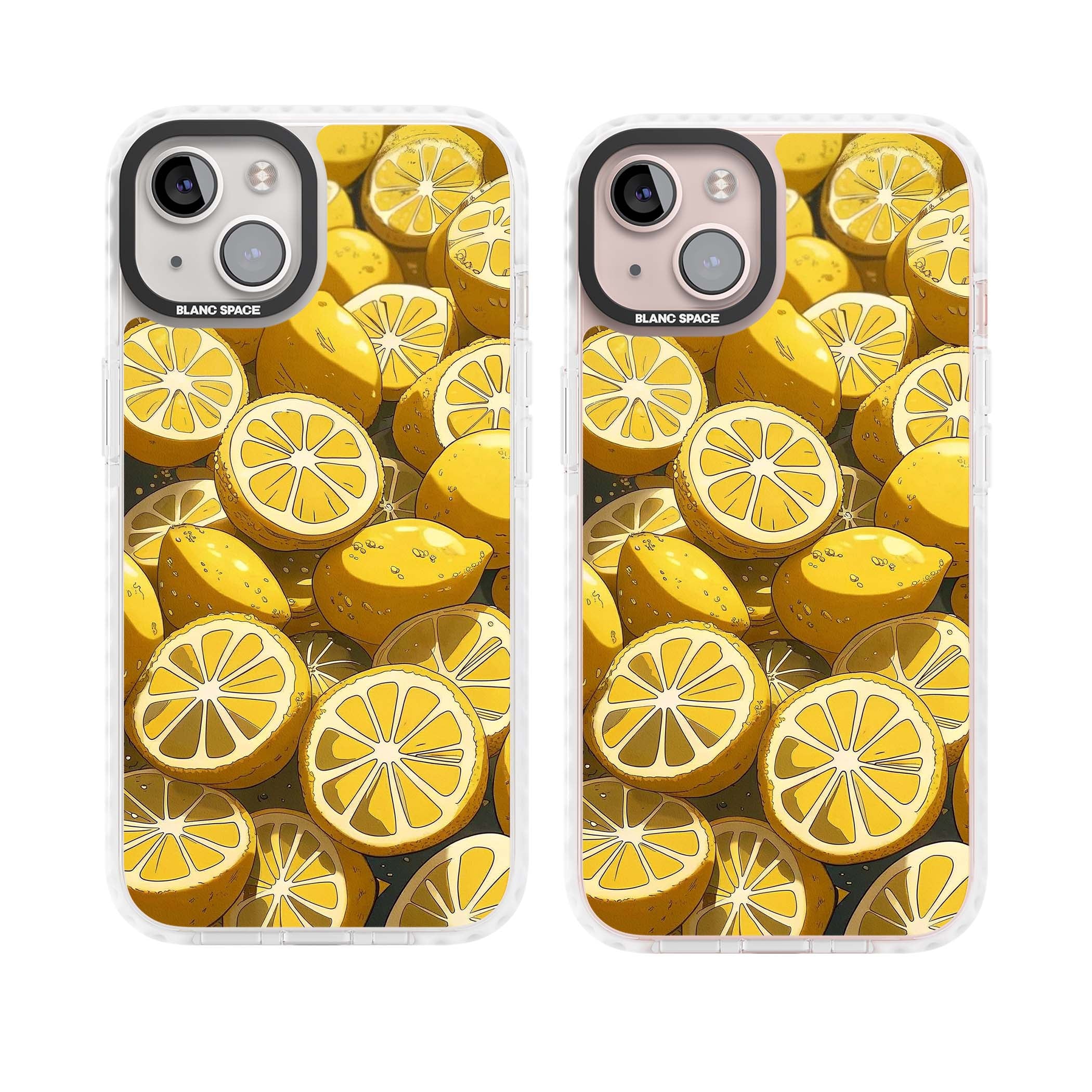 Zesty coastal iPhone case featuring illustrated Mediterranean lemons and citrus slices in golden yellow | Impact Magsafe case for iPhone 13, iPhone 14, iPhone 15