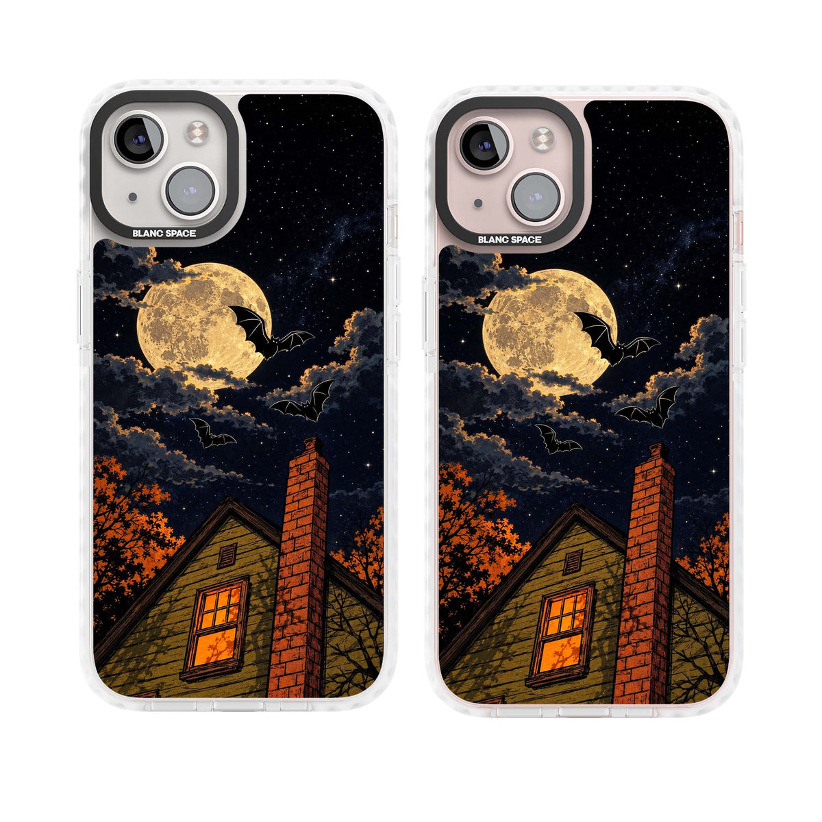 Hollows Eve Halloween iPhone case featuring a haunted house, full moon and flying bats against a starry autumn sky | Clear Impact case for iPhone 13, iPhone 14, iPhone 15