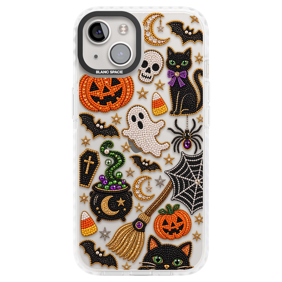 Beaded Halloween Halloween iPhone case featuring beaded pumpkins, ghosts, black cats and bats | Clear Impact case for iPhone 13, iPhone 14, iPhone 15