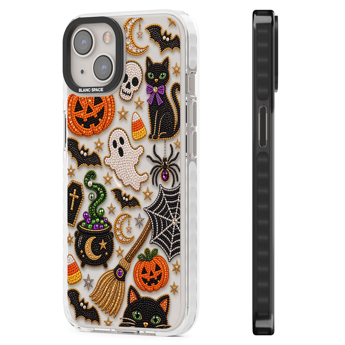 Beaded Halloween Halloween iPhone case featuring beaded pumpkins, ghosts, black cats and bats | Clear Impact case for iPhone 13, iPhone 14, iPhone 15