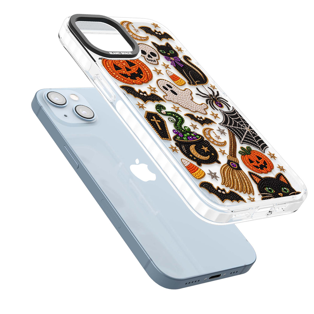 Beaded Halloween Halloween iPhone case featuring beaded pumpkins, ghosts, black cats and bats | Clear Impact case for iPhone 13, iPhone 14, iPhone 15