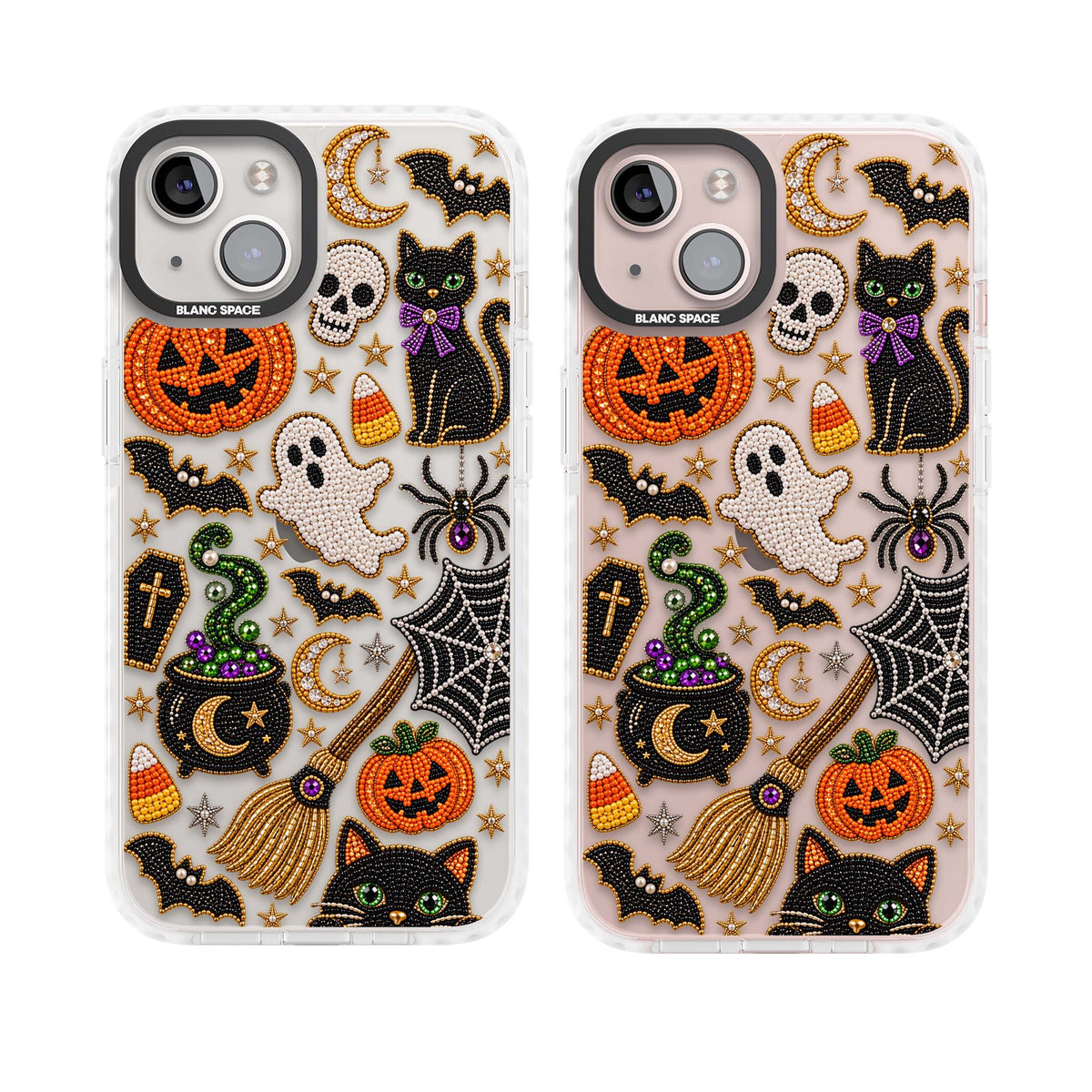 Beaded Halloween Halloween iPhone case featuring beaded pumpkins, ghosts, black cats and bats | Clear Impact case for iPhone 13, iPhone 14, iPhone 15