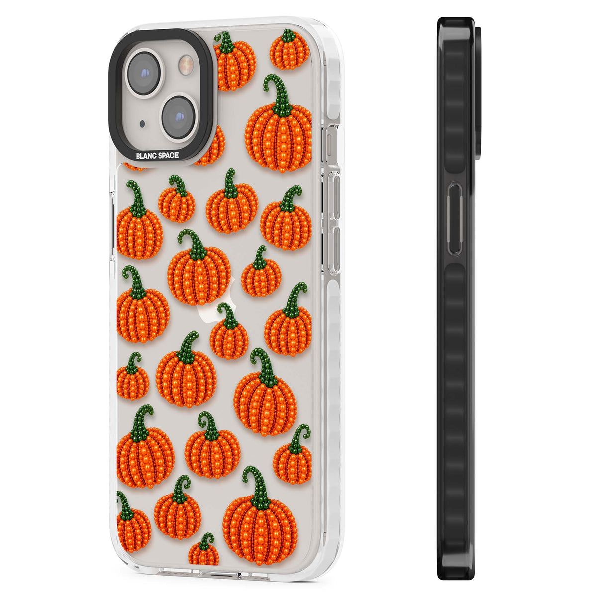 Beaded Pumpkins halloween iPhone case featuring beaded orange pumpkins with green stems on a clear background | Clear Impact case for iPhone 13, iPhone 14, iPhone 15