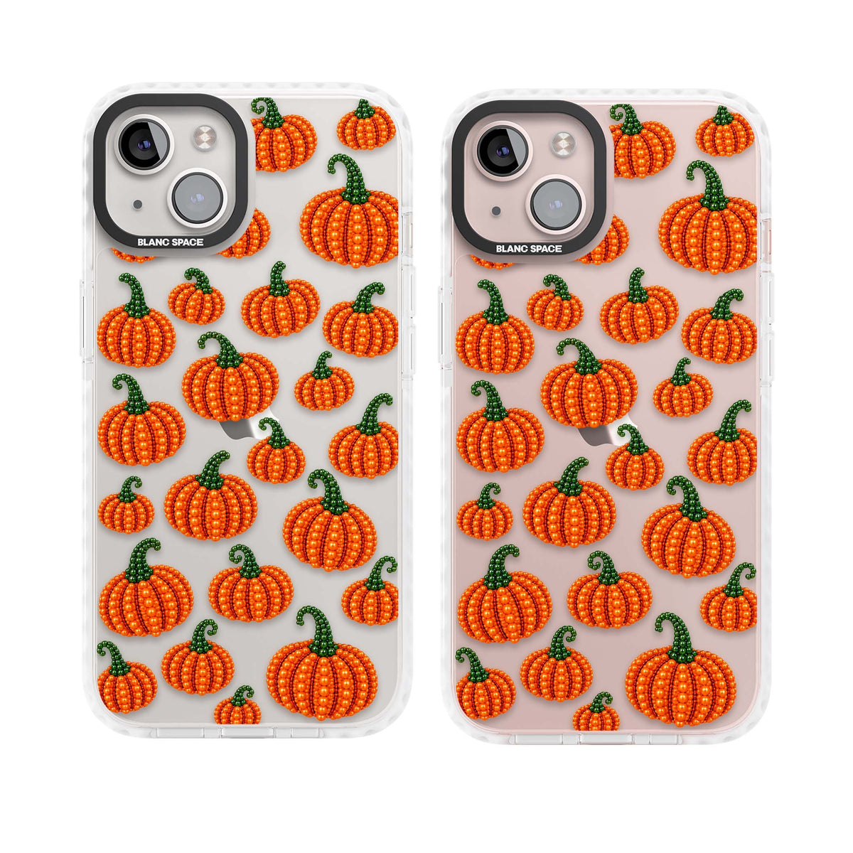 Beaded Pumpkins halloween iPhone case featuring beaded orange pumpkins with green stems on a clear background | Clear Impact case for iPhone 13, iPhone 14, iPhone 15