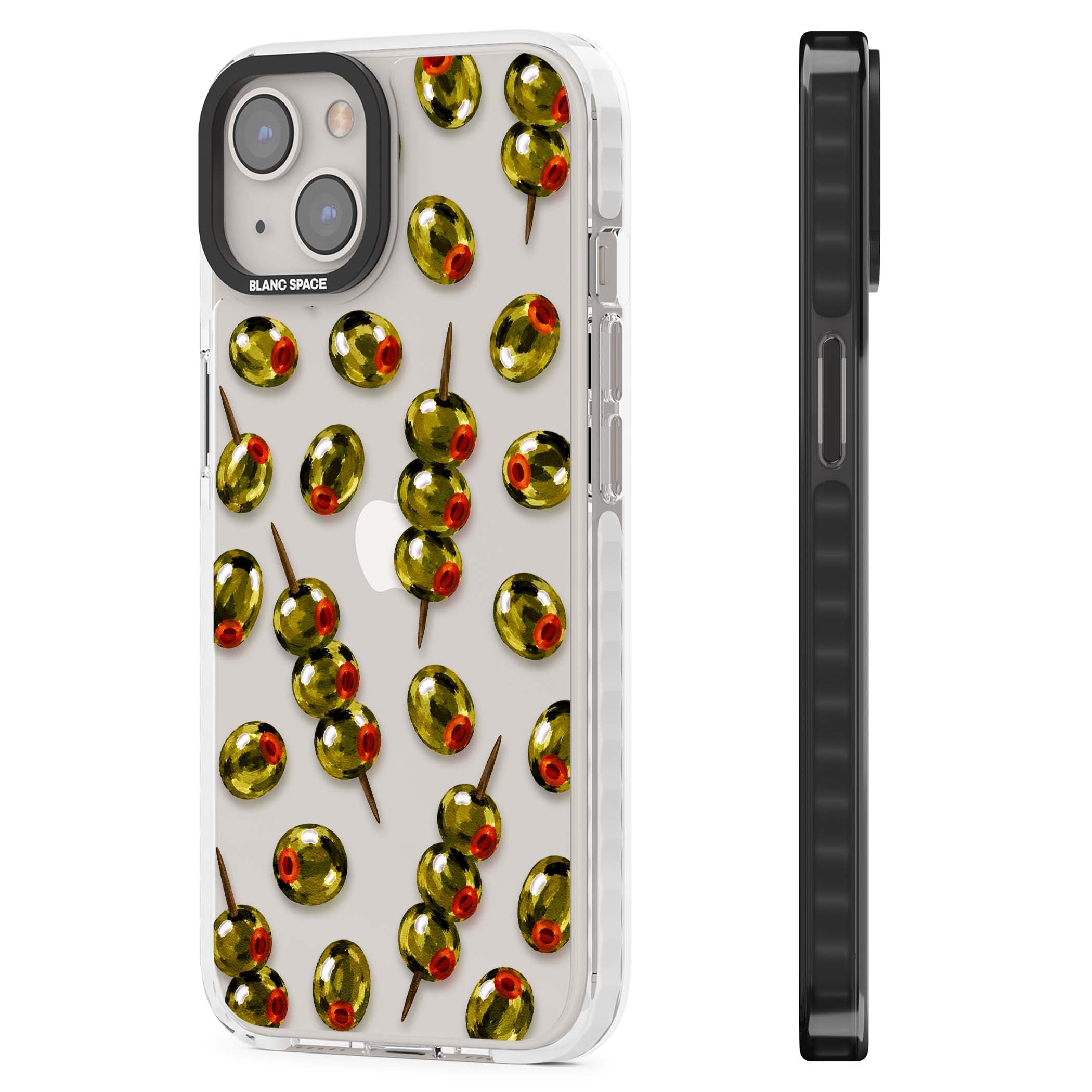 Painted Olives cocktail iPhone case featuring green olives, pimento centres and toothpick skewers on a clear background | Clear Impact case for iPhone 13, iPhone 14, iPhone 15