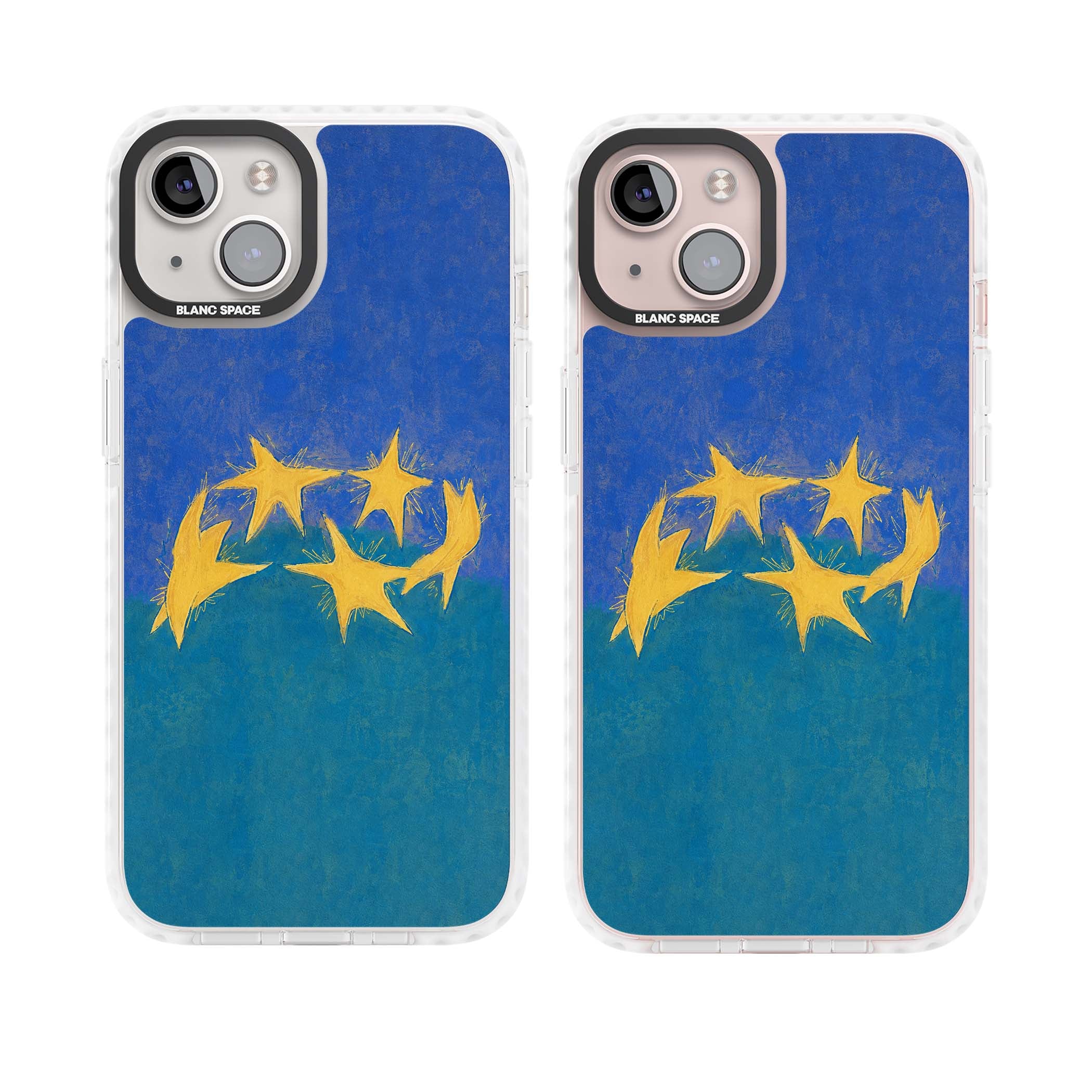 Star Boogie stars aesthetic iPhone case featuring five yellow hand-painted stars on cobalt blue and teal | Clear Impact case for iPhone 13, iPhone 14, iPhone 15