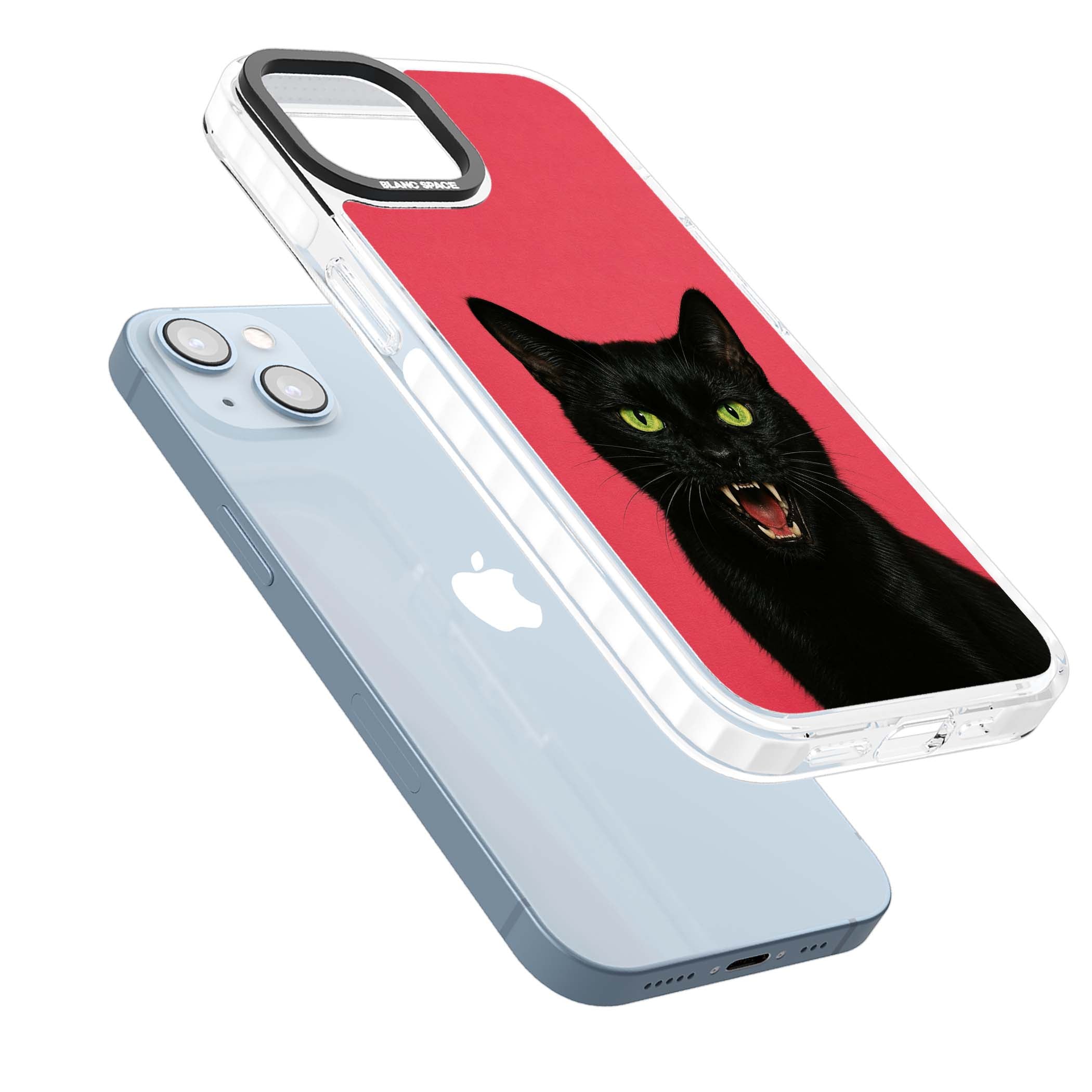 Hissin' Baddie black cat iPhone case featuring a hissing feline with green eyes on a hot pink background | Clear Impact case for iPhone 13, iPhone 14, iPhone 15