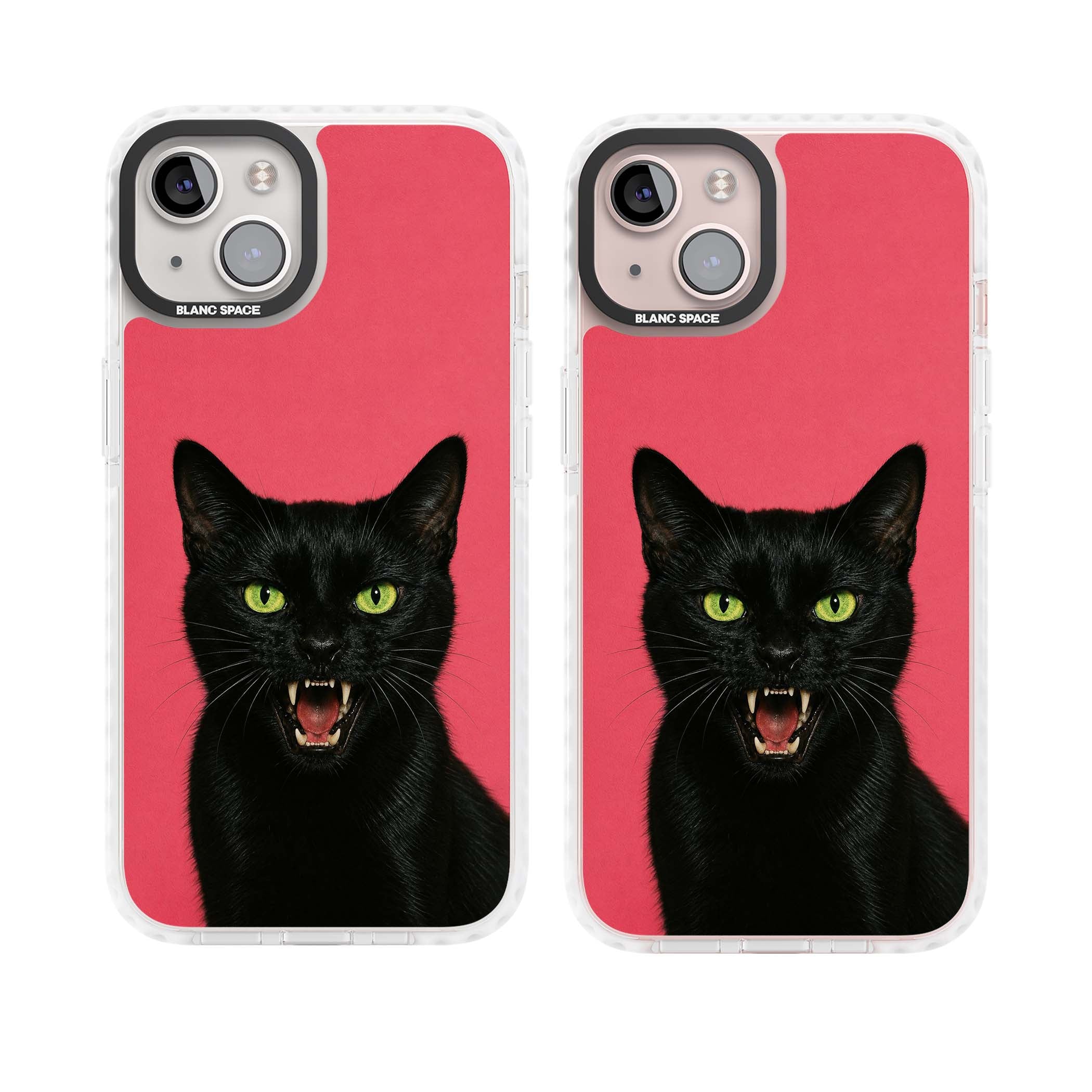 Hissin' Baddie black cat iPhone case featuring a hissing feline with green eyes on a hot pink background | Clear Impact case for iPhone 13, iPhone 14, iPhone 15
