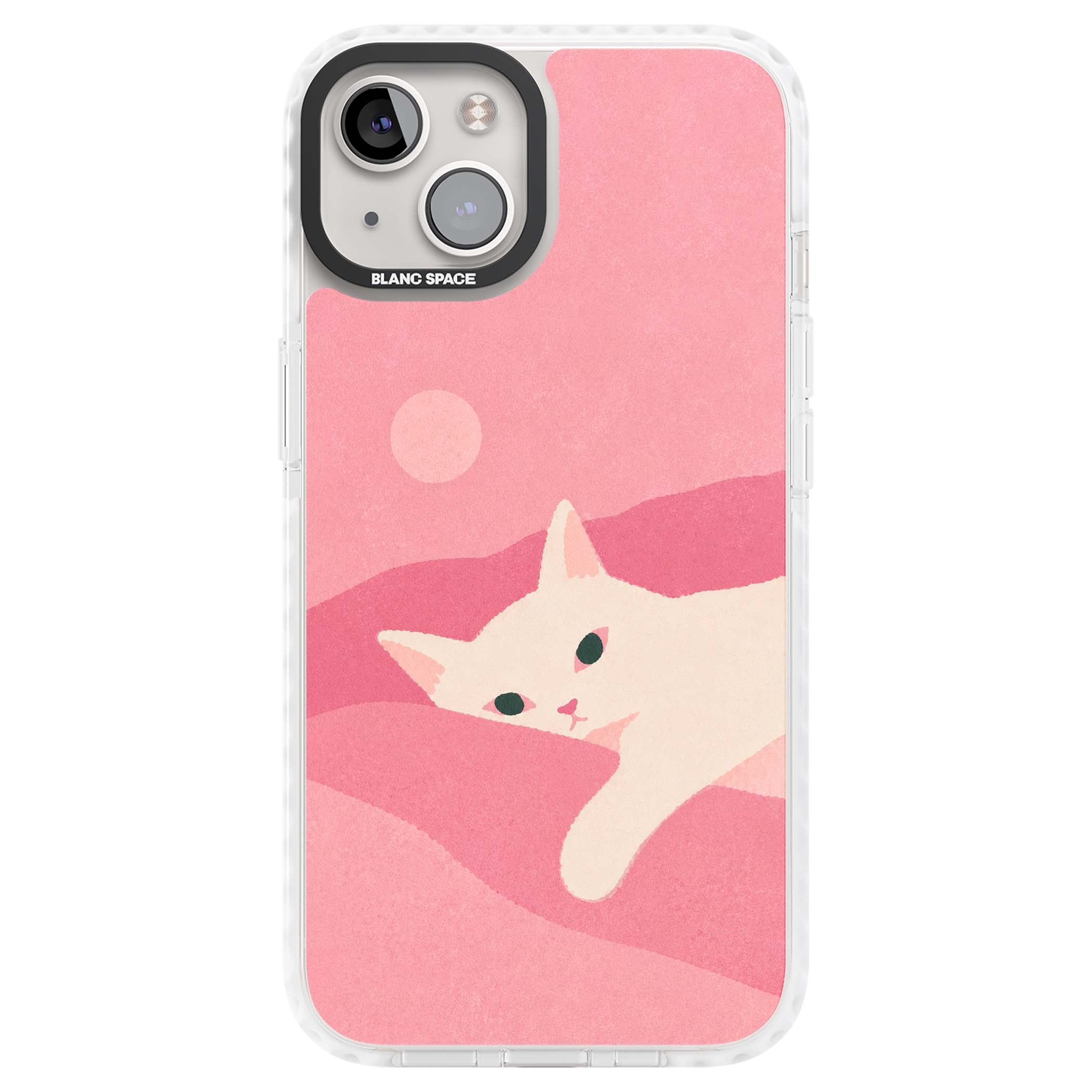 Pink Dreams cute cat iPhone case featuring a white kitten, soft pink hills and a pale pastel sun | Clear Impact case for iPhone 13, iPhone 14, iPhone 15