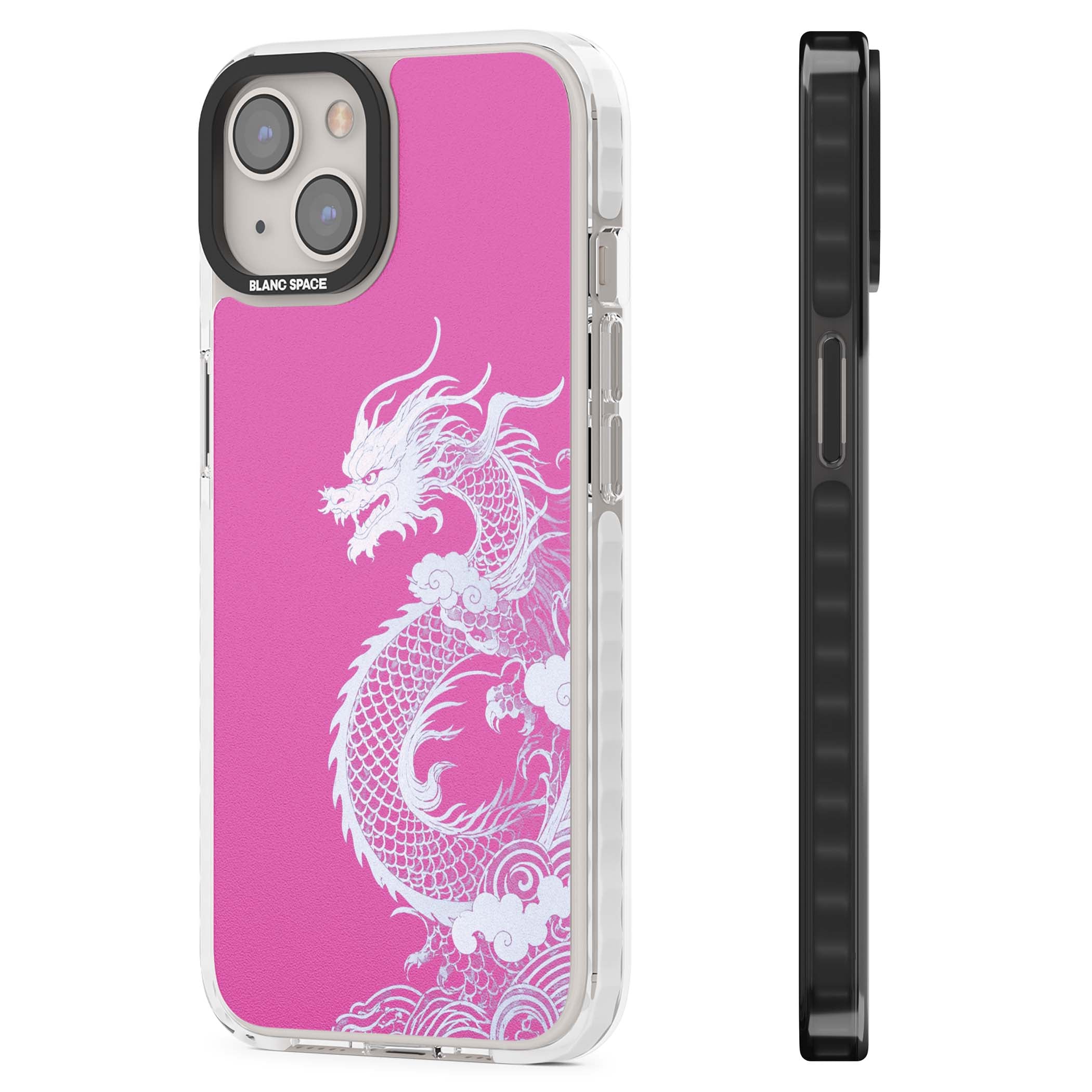 Pink Empress chinese dragon iPhone case featuring a white dragon, swirling clouds and pink dragon wallpaper backdrop | Clear Impact case for iPhone 13, iPhone 14, iPhone 15