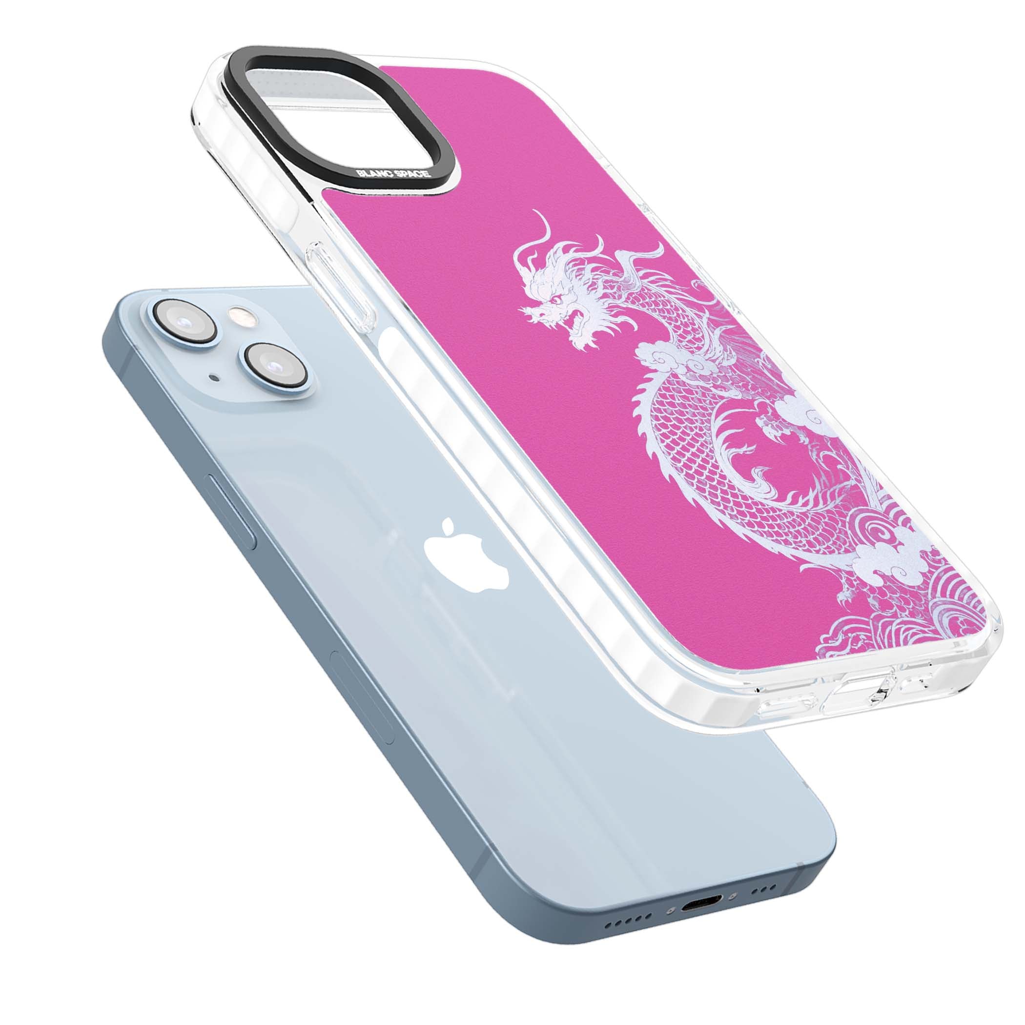 Pink Empress chinese dragon iPhone case featuring a white dragon, swirling clouds and pink dragon wallpaper backdrop | Clear Impact case for iPhone 13, iPhone 14, iPhone 15
