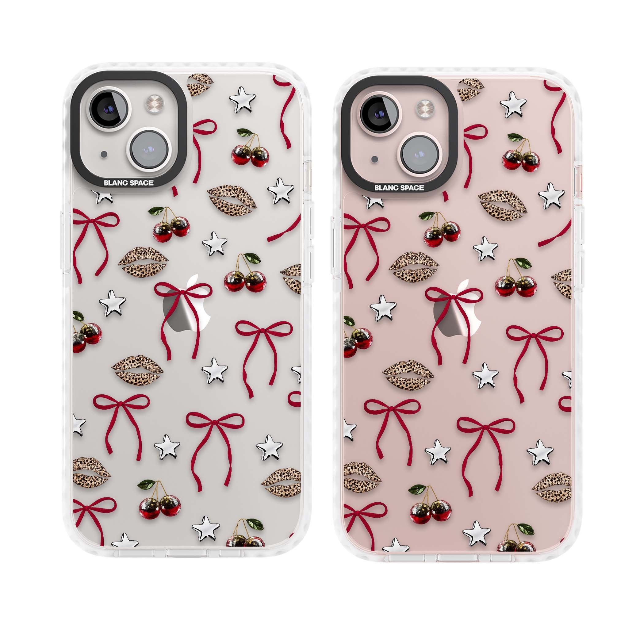 Starlet coquette iPhone case featuring red ribbon bows, disco cherries and leopard-print lips | Clear Impact case for iPhone 13, iPhone 14, iPhone 15