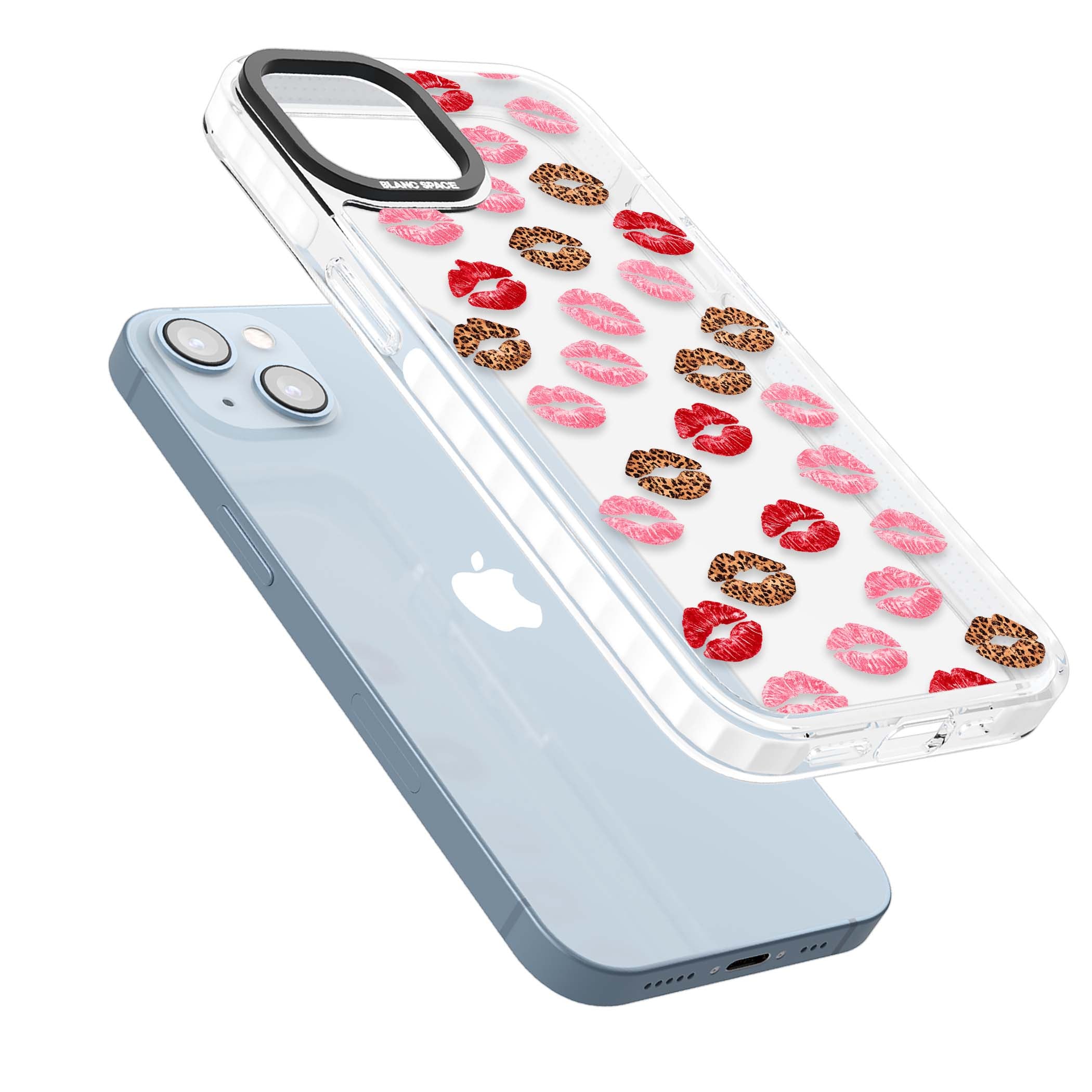 Wild Kisses coquette iPhone case featuring red, pink and leopard print lipstick kiss marks on a clear background | Clear Impact case for iPhone 13, iPhone 14, iPhone 15
