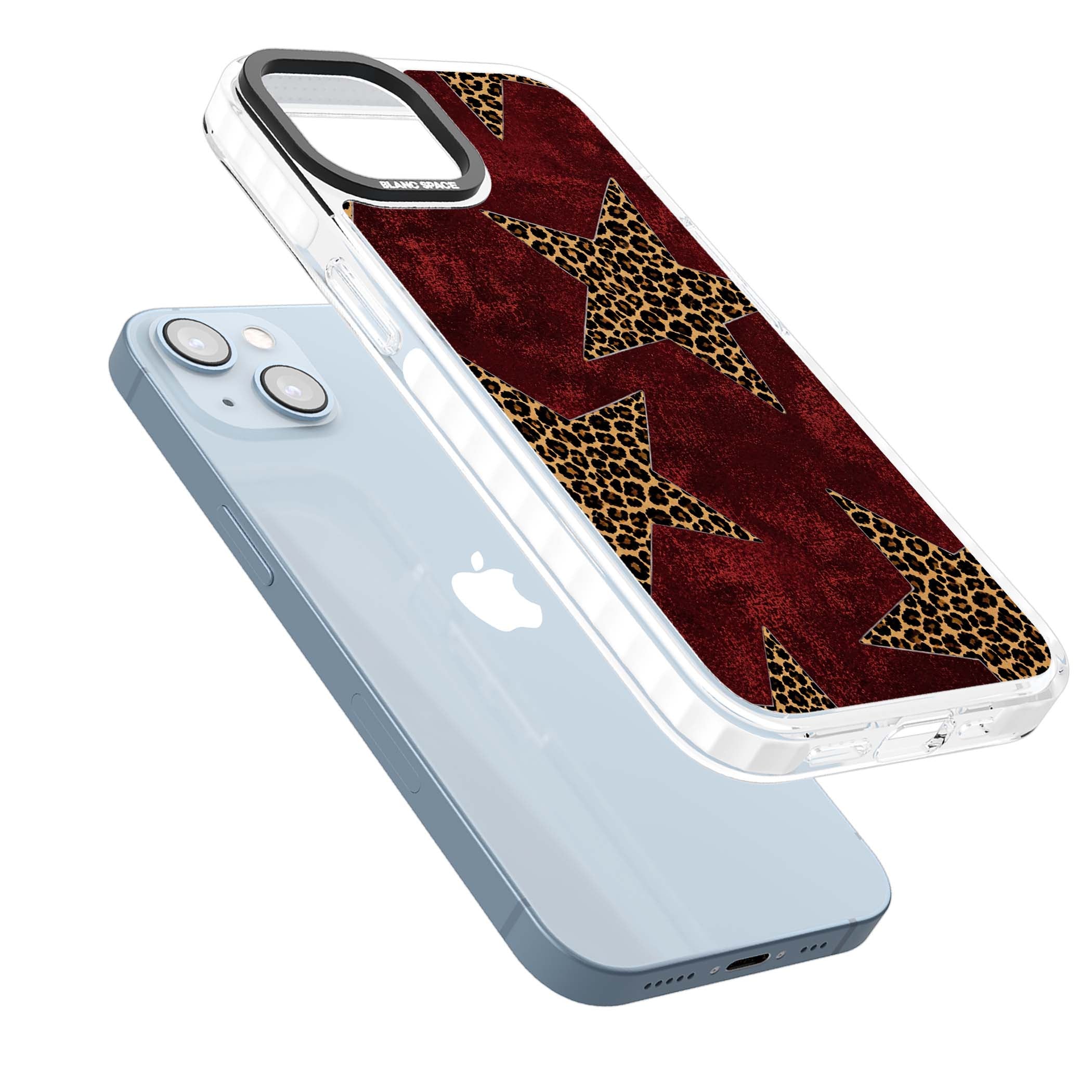 Showgirl leopard print iPhone case featuring cheetah print stars on distressed red grunge background | Clear Impact case for iPhone 13, iPhone 14, iPhone 15
