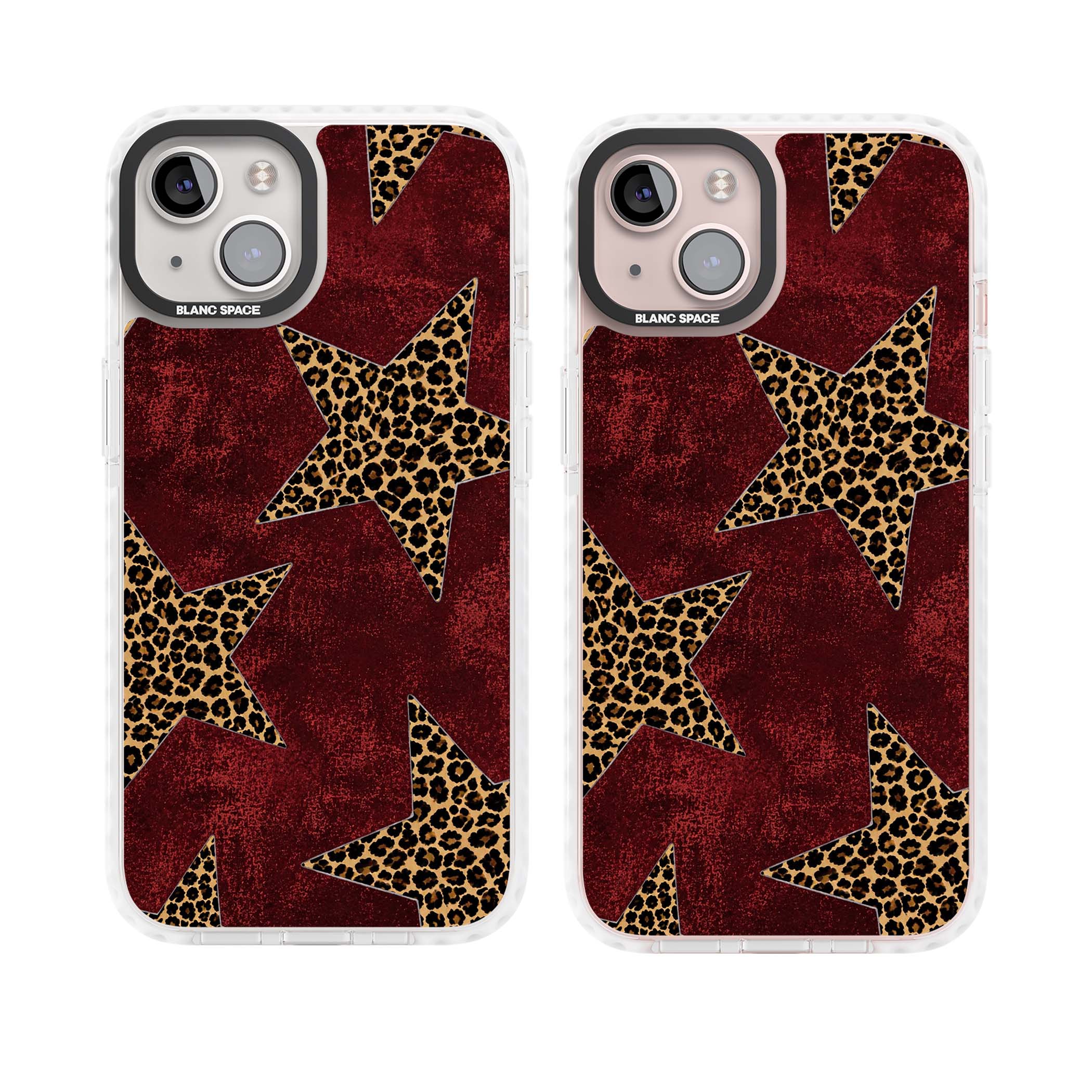 Showgirl leopard print iPhone case featuring cheetah print stars on distressed red grunge background | Clear Impact case for iPhone 13, iPhone 14, iPhone 15