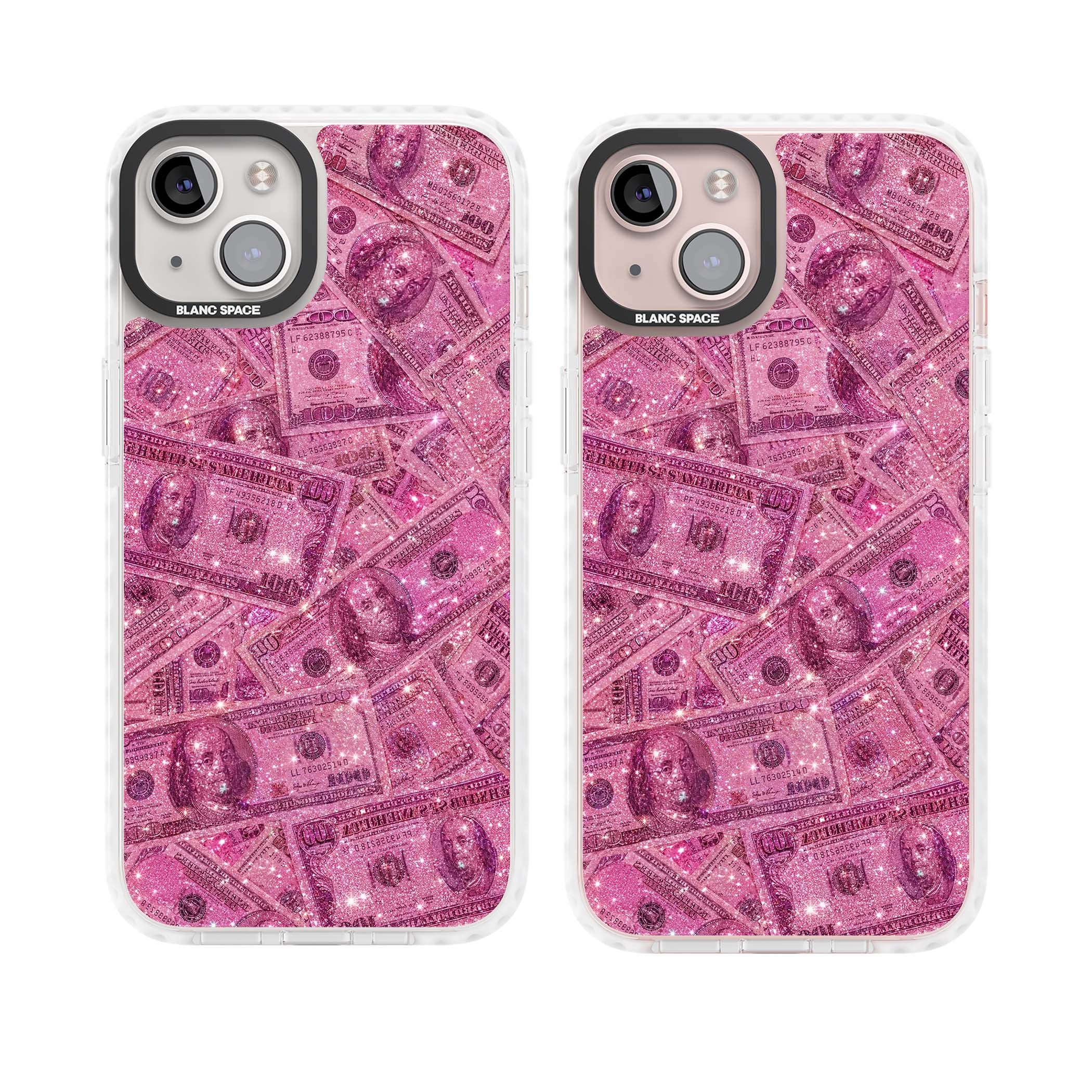 Glamorous baddie iPhone case featuring pink glitter hundred dollar bills and sparkling money wallpaper design | Clear Impact case for iPhone 13, iPhone 14, iPhone 15