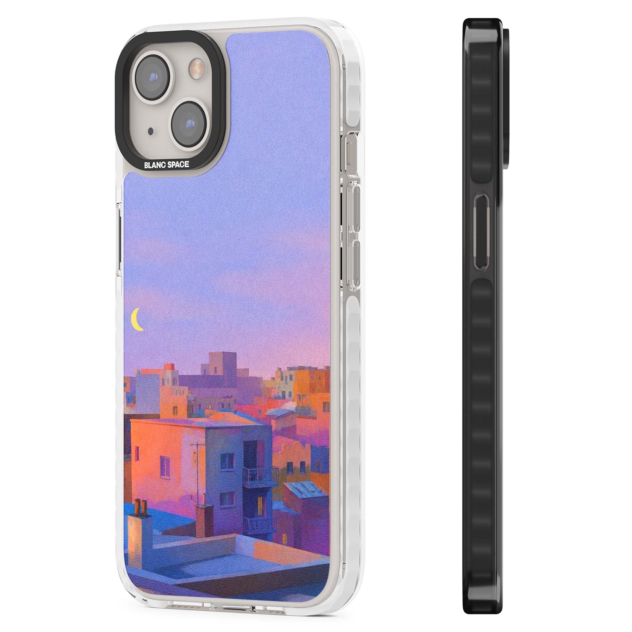 Twilight Rooftops vaporwave iPhone case featuring a pastel sunset cityscape, painted rooftops and a crescent moon. | Clear Impact case for iPhone 13, iPhone 14, iPhone 15