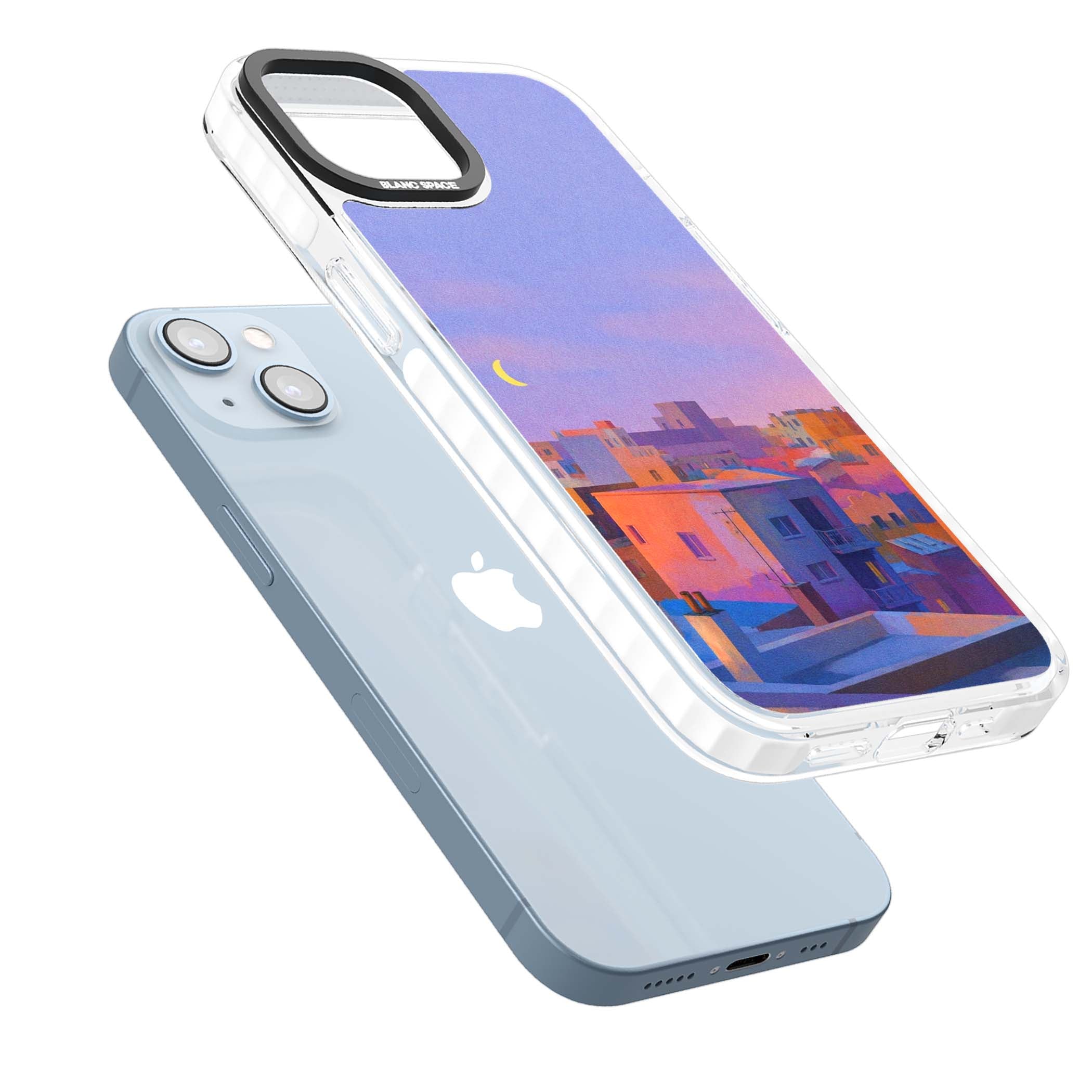 Twilight Rooftops vaporwave iPhone case featuring a pastel sunset cityscape, painted rooftops and a crescent moon. | Clear Impact case for iPhone 13, iPhone 14, iPhone 15