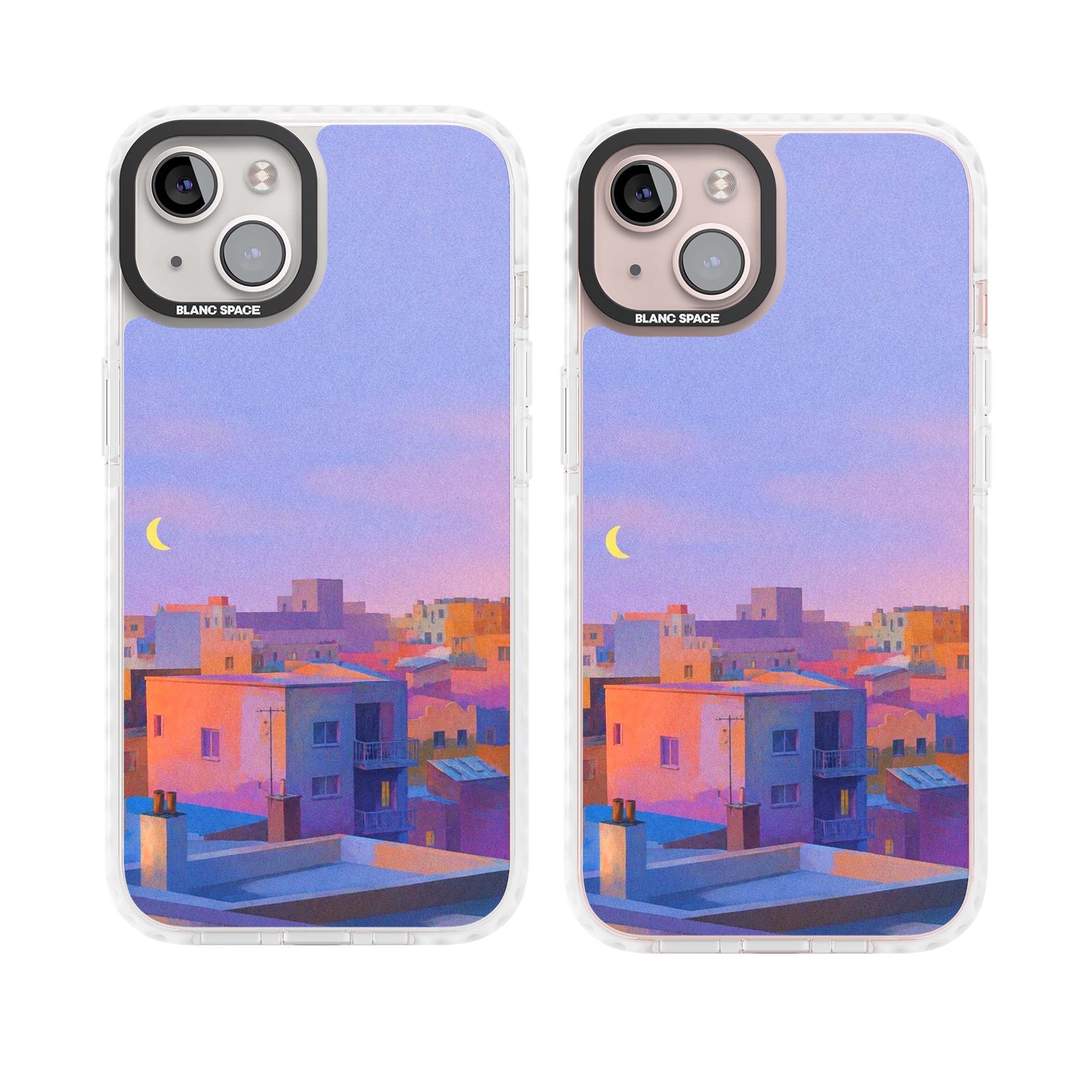 Twilight Rooftops vaporwave iPhone case featuring a pastel sunset cityscape, painted rooftops and a crescent moon. | Clear Impact case for iPhone 13, iPhone 14, iPhone 15