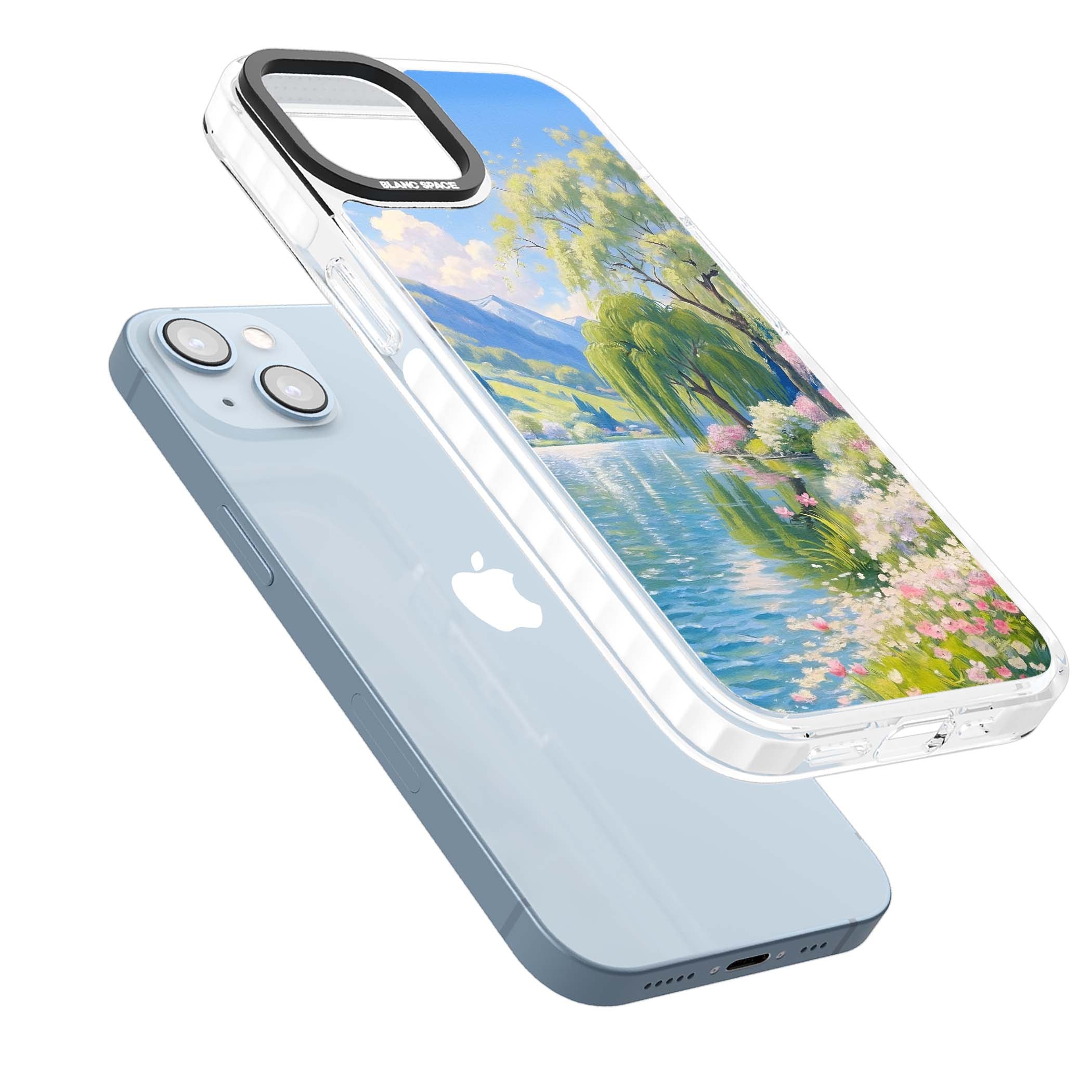 Willow Lake cottagecore iPhone case featuring a painted lakeside with weeping willow, blossoms and distant mountains | Clear Impact case for iPhone 13, iPhone 14, iPhone 15
