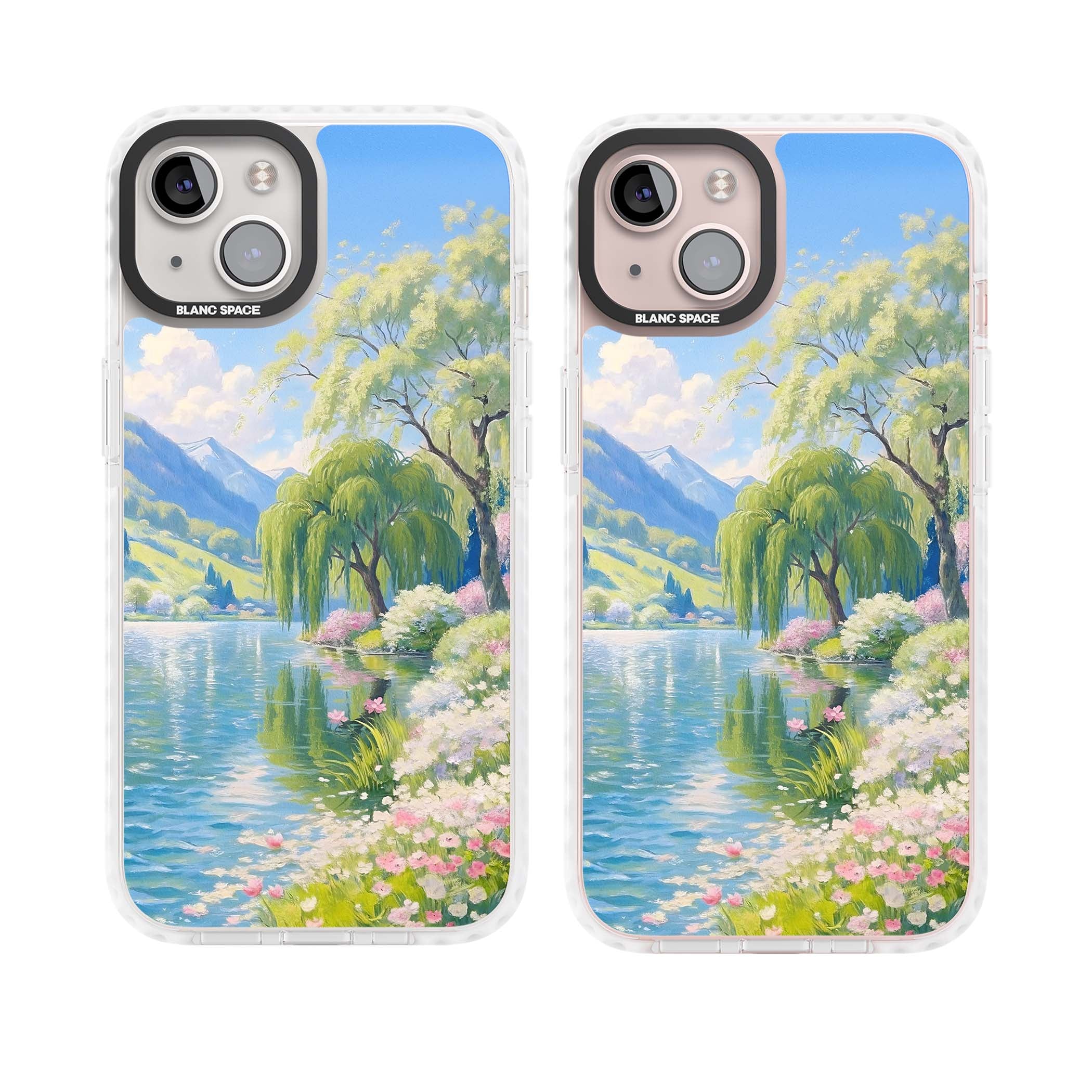 Willow Lake cottagecore iPhone case featuring a painted lakeside with weeping willow, blossoms and distant mountains | Clear Impact case for iPhone 13, iPhone 14, iPhone 15