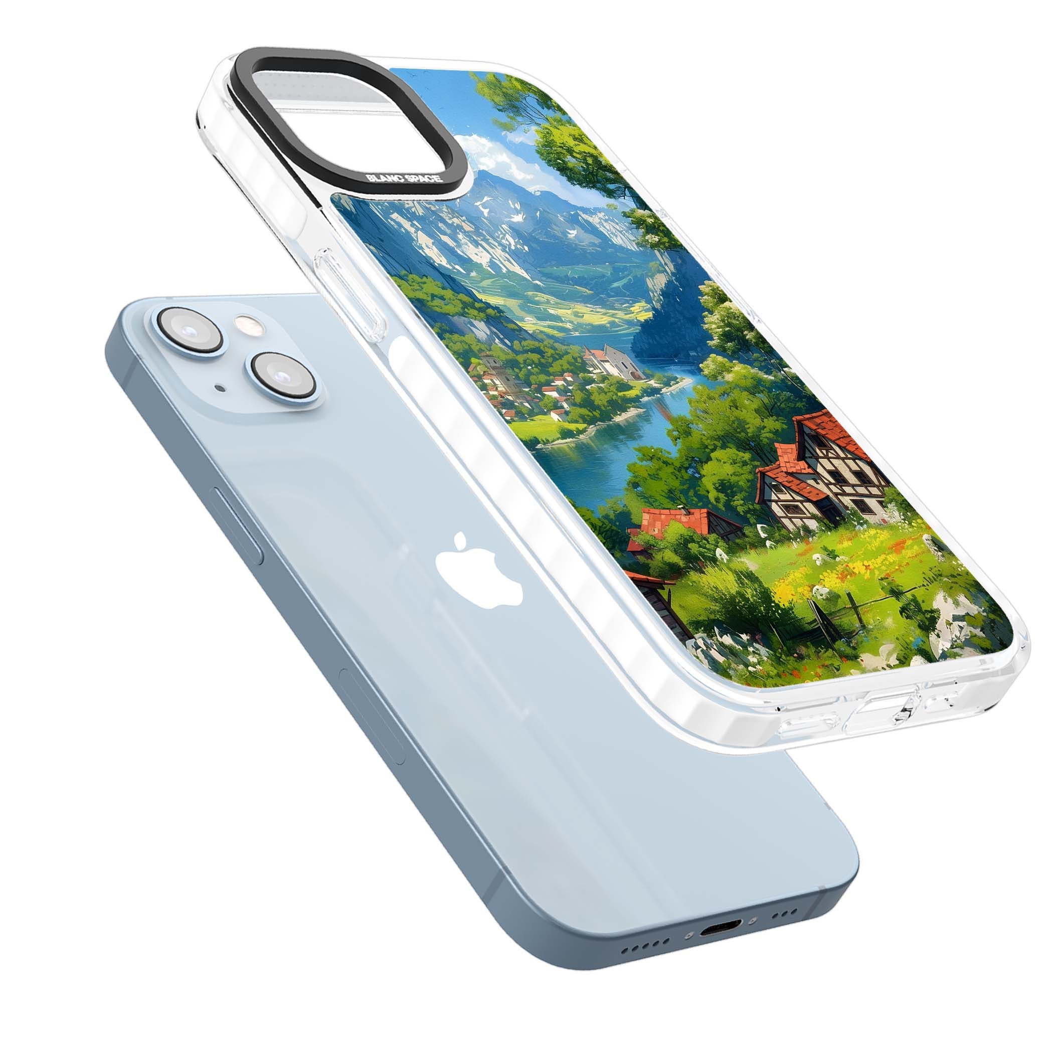 Village In The Valley anime iPhone case featuring a painted mountain village, river valley and half-timbered cottages. | Clear Impact case for iPhone 13, iPhone 14, iPhone 15