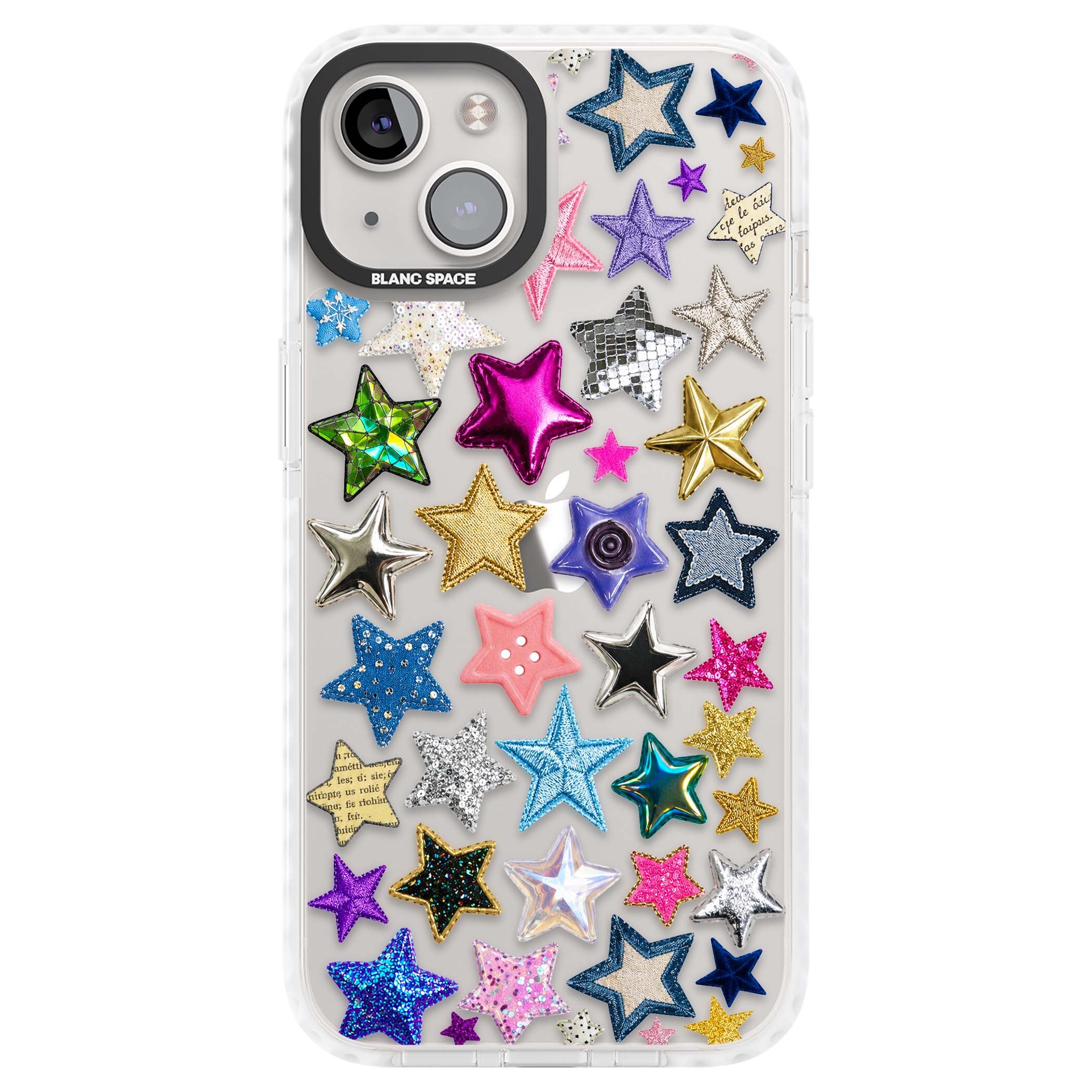 Crafty Star Mix Y2K iPhone case featuring embroidered, sequinned and glitter star patches in rainbow colours | Clear Impact case for iPhone 13, iPhone 14, iPhone 15