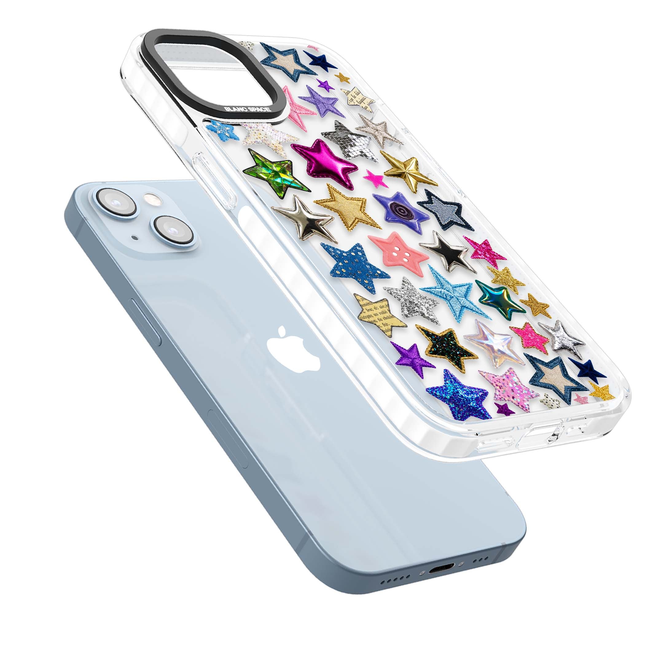 Crafty Star Mix Y2K iPhone case featuring embroidered, sequinned and glitter star patches in rainbow colours | Clear Impact case for iPhone 13, iPhone 14, iPhone 15