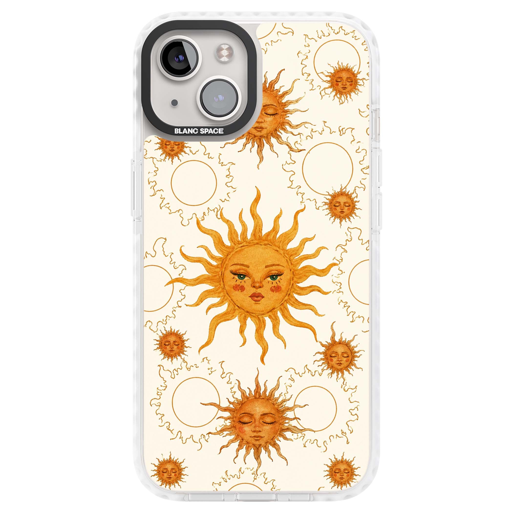 Solstice Muse celestial iPhone case featuring hand-painted golden sun faces, closed-eye sun goddesses and outlined moons... | Clear Impact case for iPhone 13, iPhone 14, iPhone 15