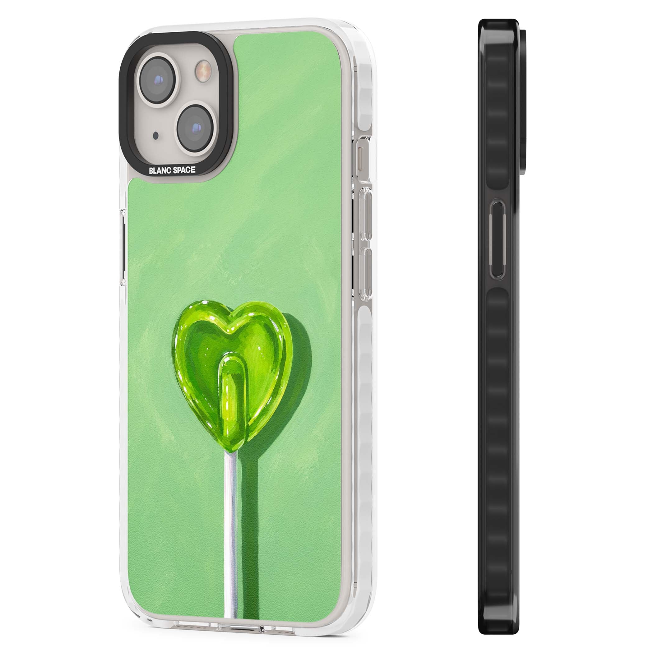 Green Lollipop candy art iPhone case featuring a glossy green heart-shaped lollipop on a painted pastel green background | Clear Impact case for iPhone 13, iPhone 14, iPhone 15