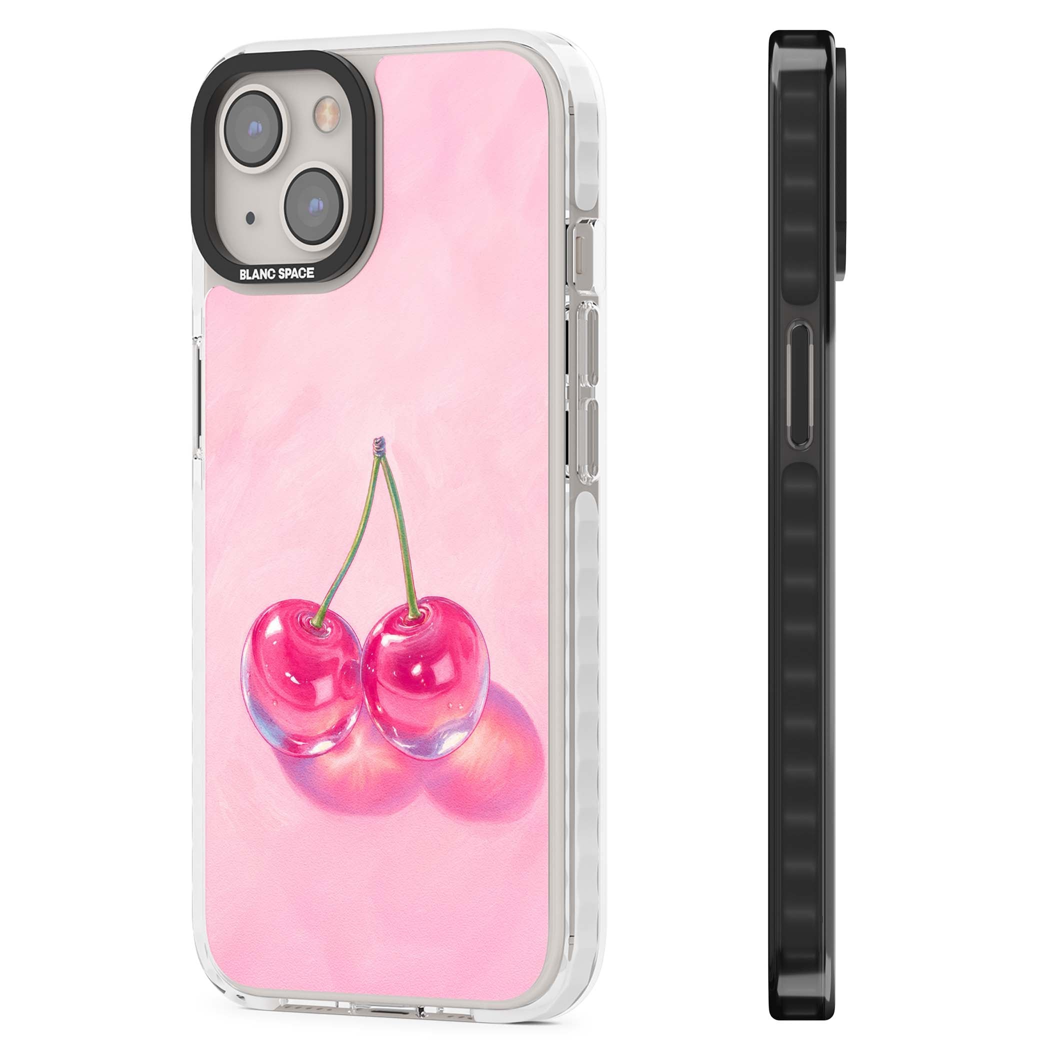 Pink Glass Cherry coquette iPhone case featuring two glossy painted cherries on a soft pink background | Clear Impact case for iPhone 13, iPhone 14, iPhone 15