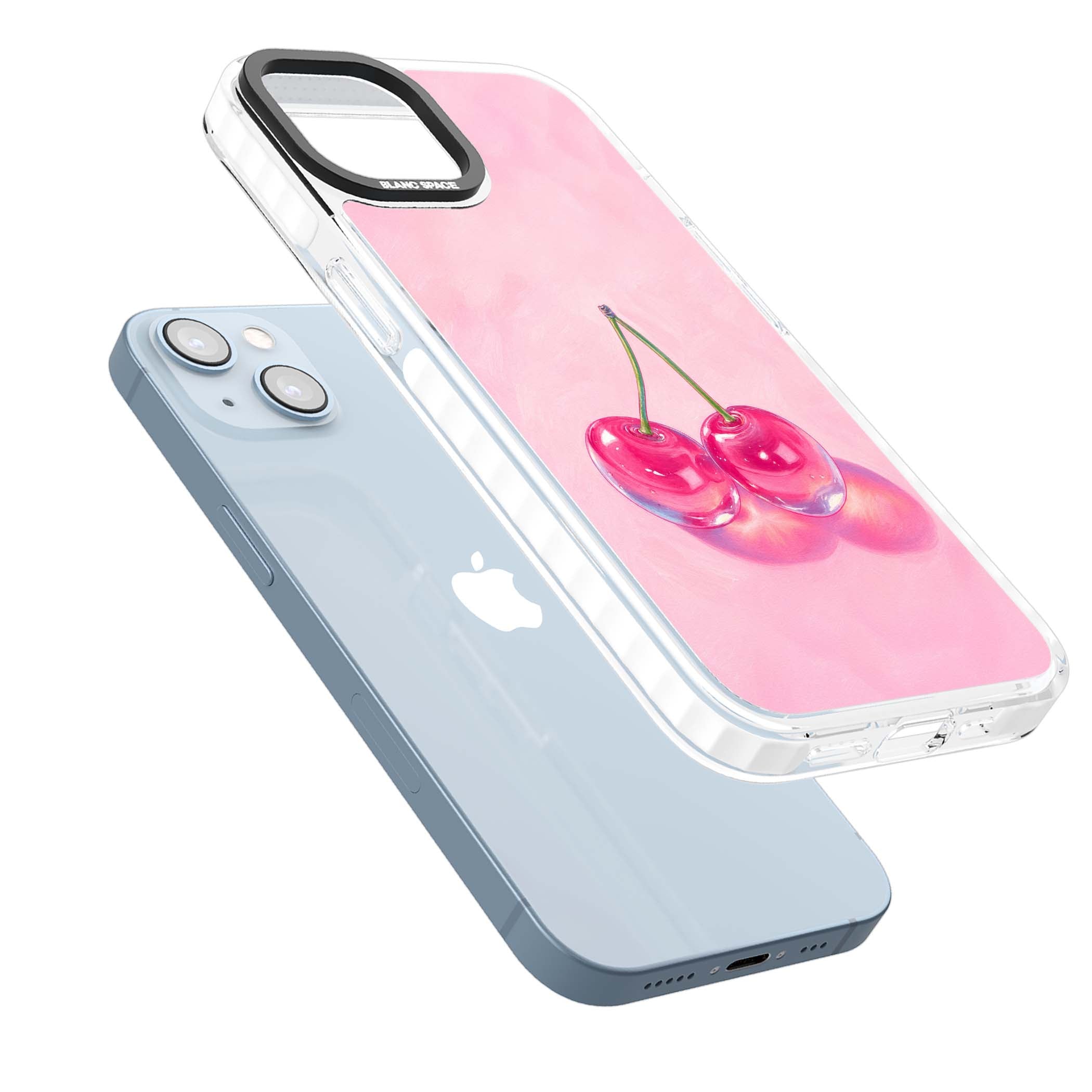 Pink Glass Cherry coquette iPhone case featuring two glossy painted cherries on a soft pink background | Clear Impact case for iPhone 13, iPhone 14, iPhone 15