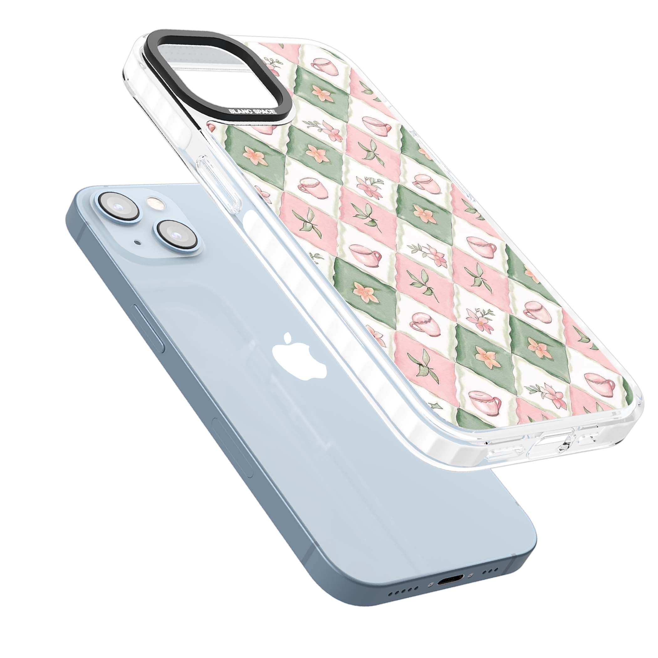 Garden Tea Party coquette iPhone case with pink and green checkered pattern, watercolour teacups and wildflowers | Clear Impact case for iPhone 13, iPhone 14, iPhone 15