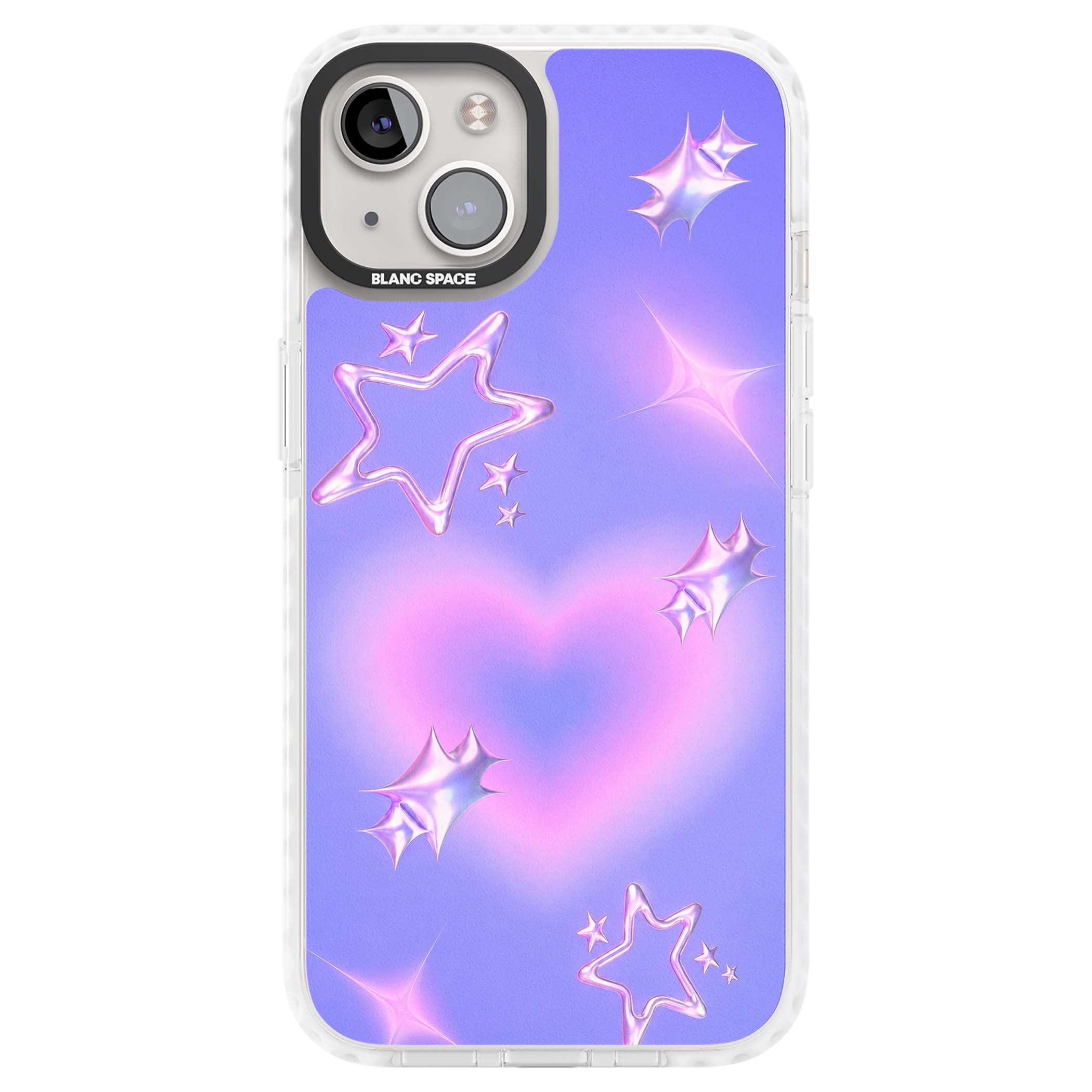 Soft Sugar Y2K iPhone case featuring iridescent chrome hearts, metallic pink stars and a lavender gradient sky | Clear Impact case for iPhone 13, iPhone 14, iPhone 15