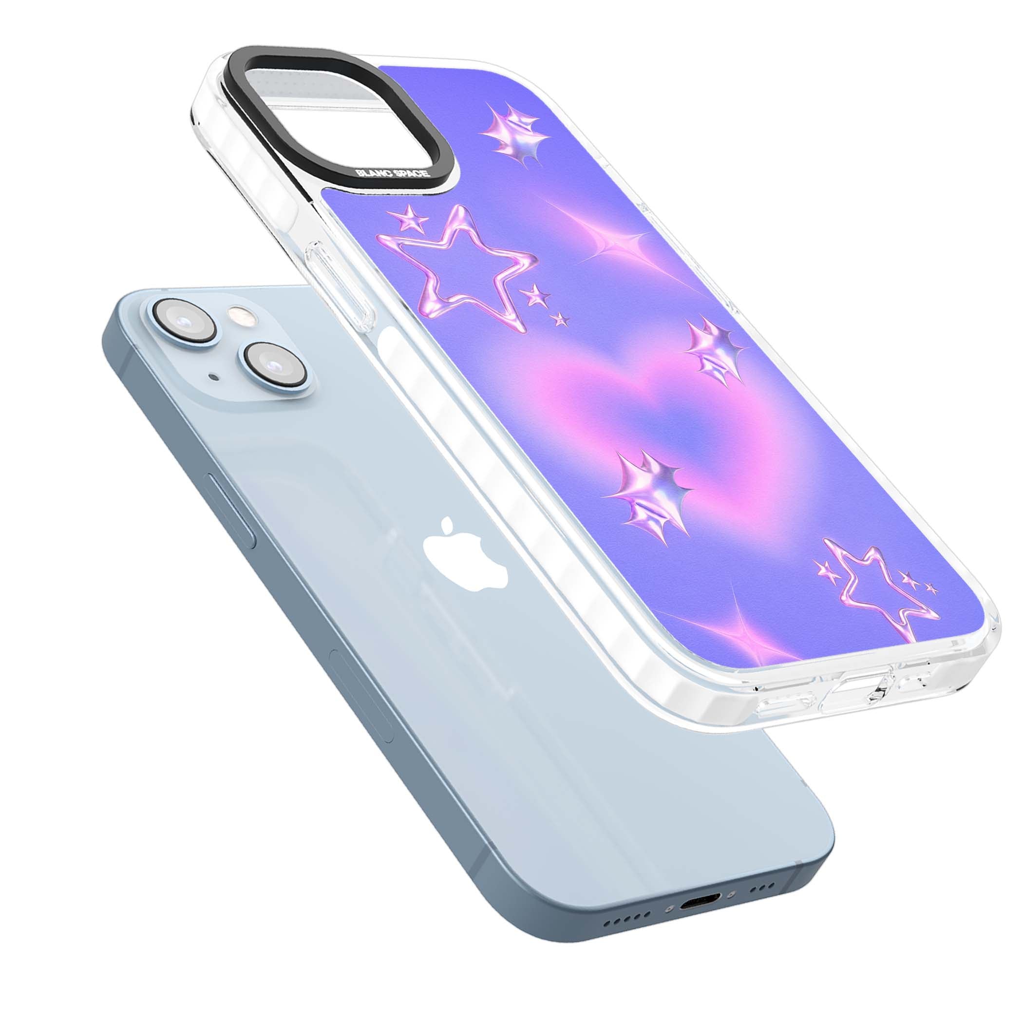 Soft Sugar Y2K iPhone case featuring iridescent chrome hearts, metallic pink stars and a lavender gradient sky | Clear Impact case for iPhone 13, iPhone 14, iPhone 15