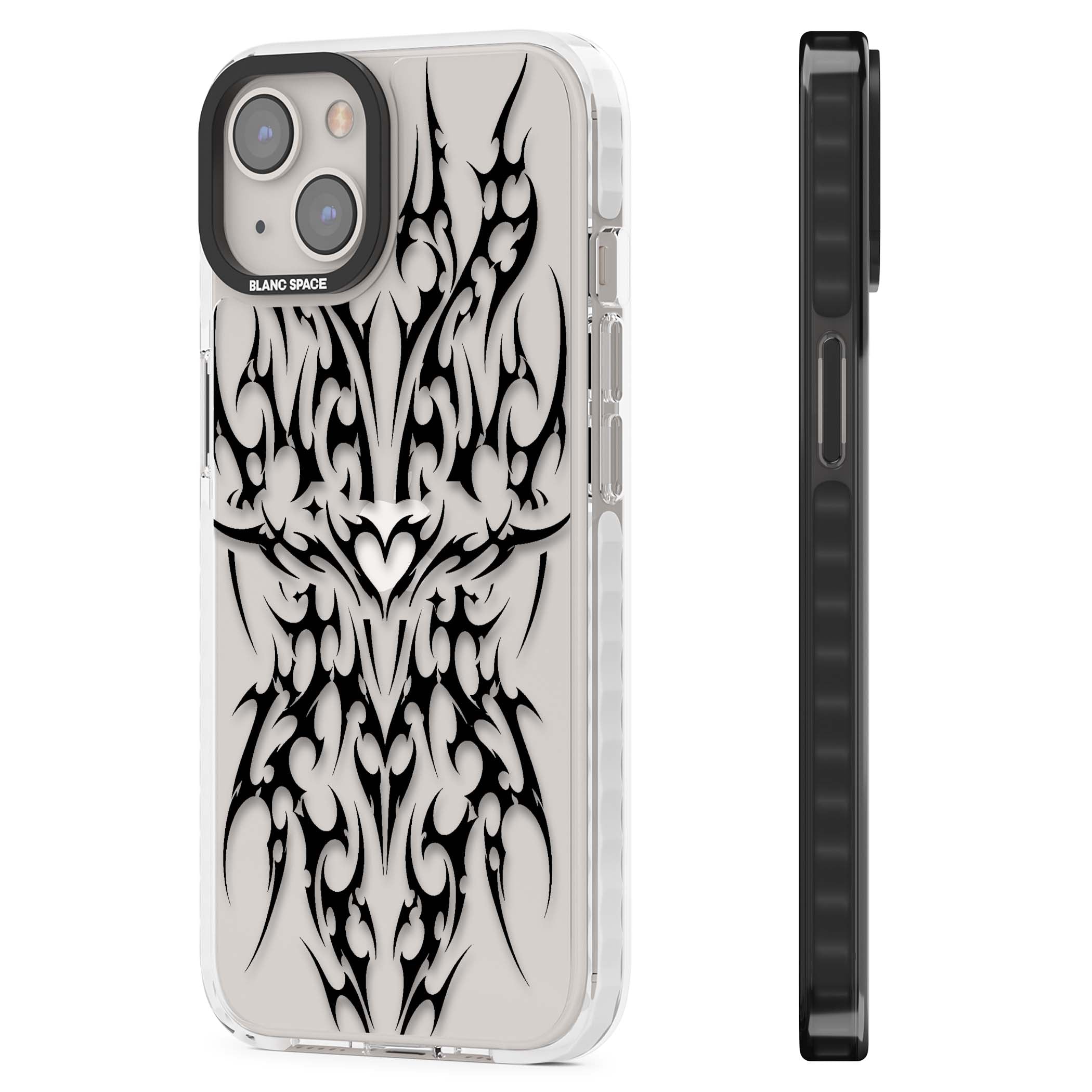 Neo Tribal Heart gothic iPhone case featuring symmetrical black tribal tattoo art with sharp thorn-like linework | Clear Impact case for iPhone 13, iPhone 14, iPhone 15