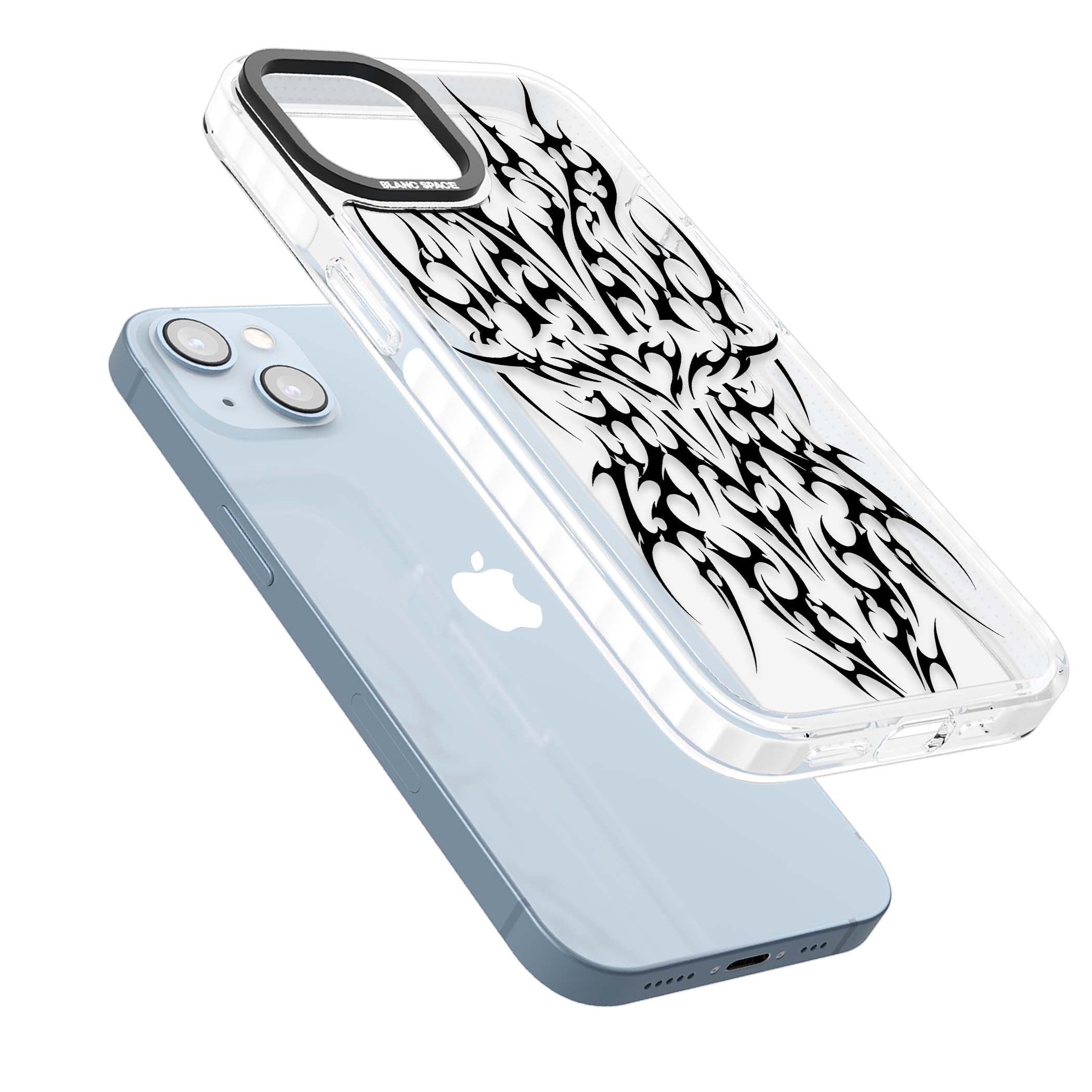 Neo Tribal Heart gothic iPhone case featuring symmetrical black tribal tattoo art with sharp thorn-like linework | Clear Impact case for iPhone 13, iPhone 14, iPhone 15
