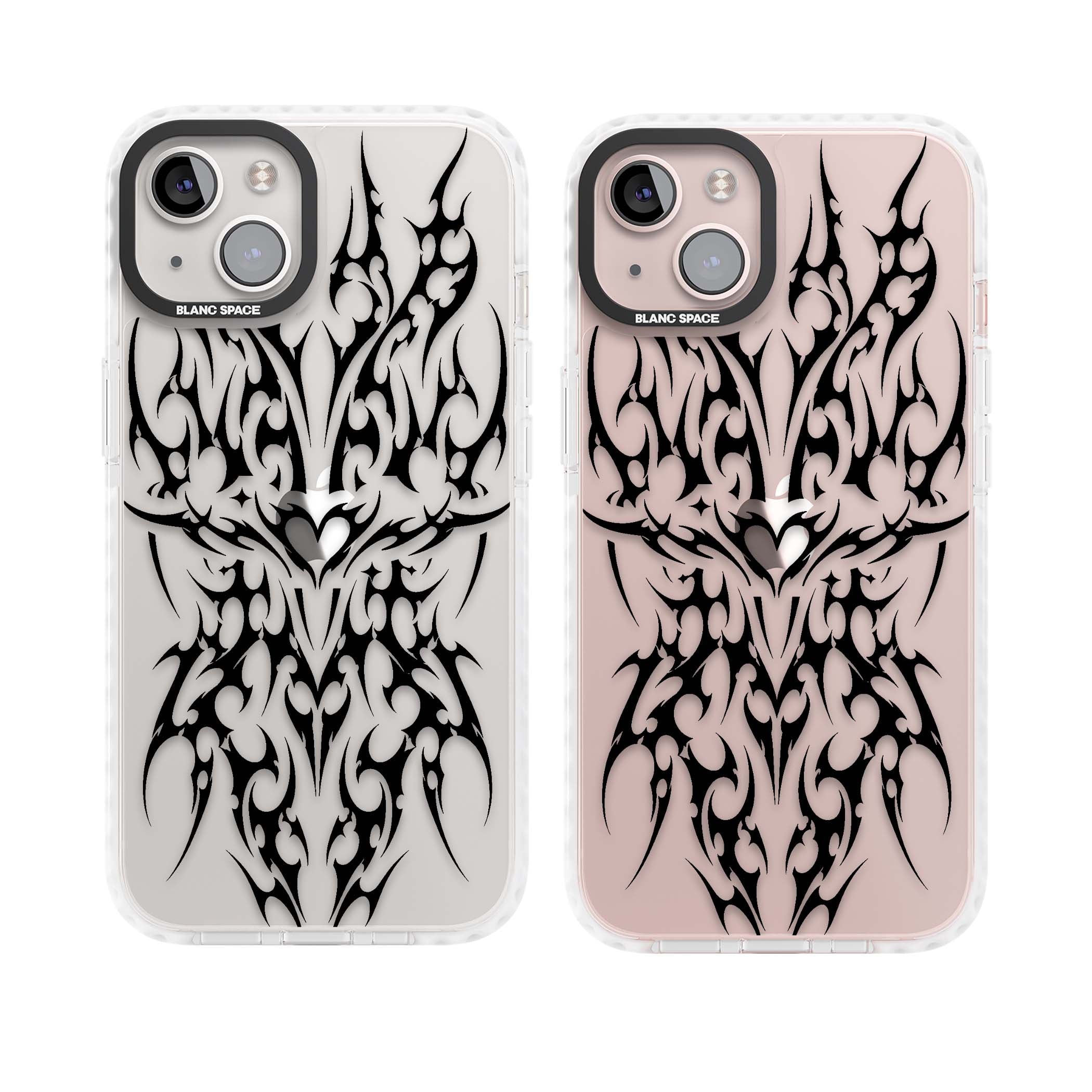Neo Tribal Heart gothic iPhone case featuring symmetrical black tribal tattoo art with sharp thorn-like linework | Clear Impact case for iPhone 13, iPhone 14, iPhone 15